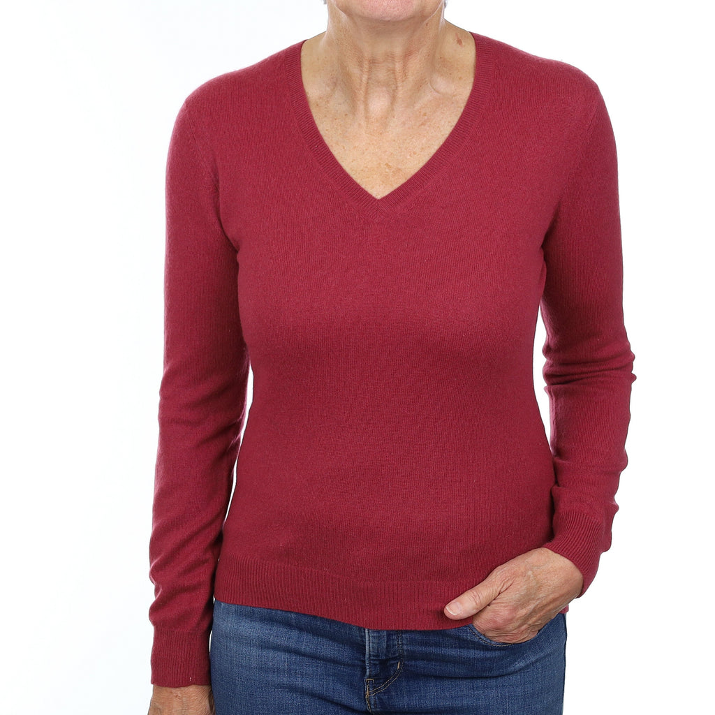 Deep Raspberry Purple Cashmere V Neck Jumper Medium