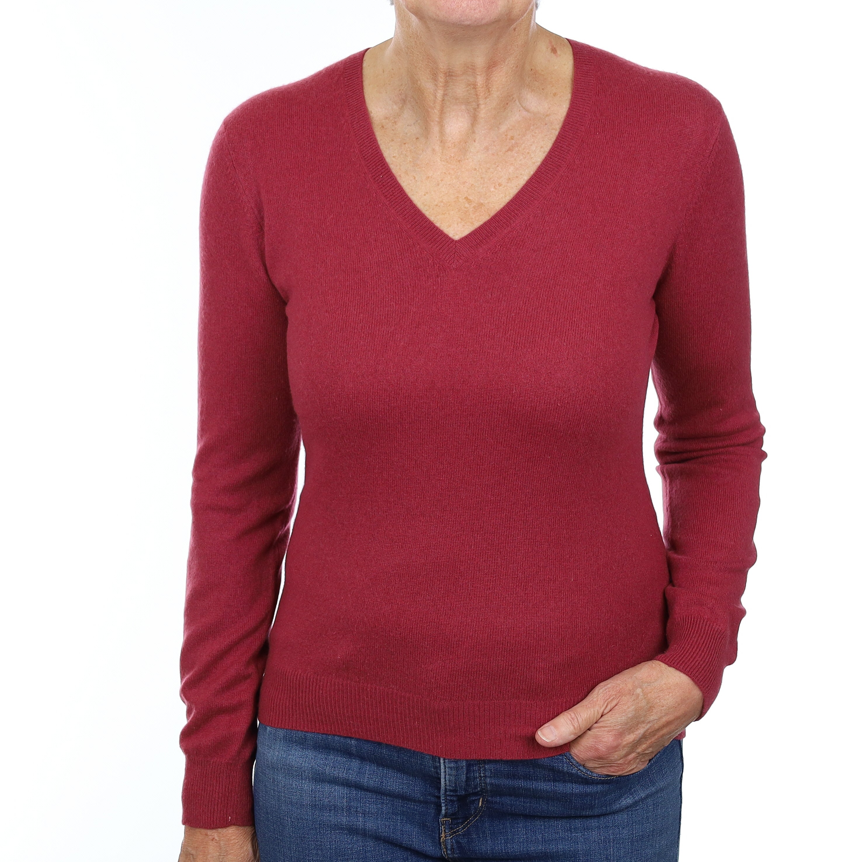 Deep Raspberry Purple Cashmere V Neck Jumper Medium