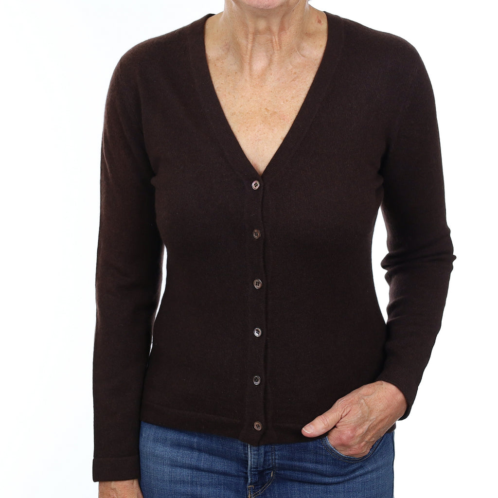 Chocolate Brown Cashmere V Neck Cardigan Medium