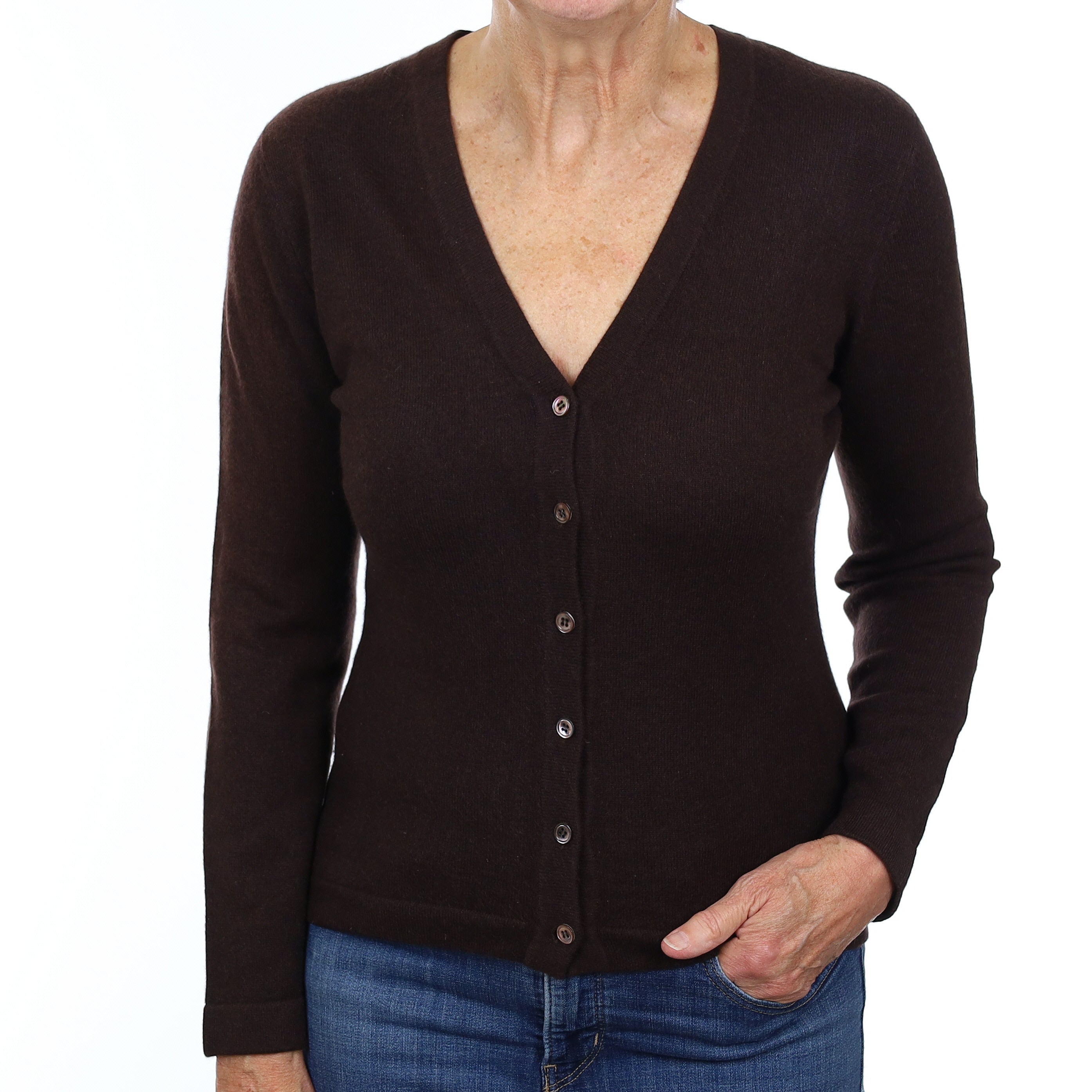 Chocolate Brown Cashmere V Neck Cardigan Medium