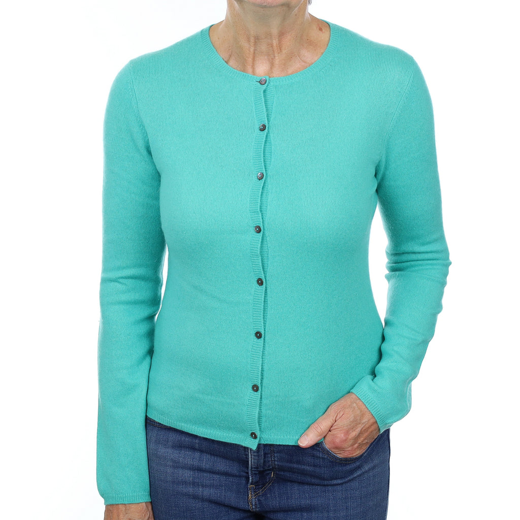 Aqua Green Cashmere Crew Neck Cardigan Medium