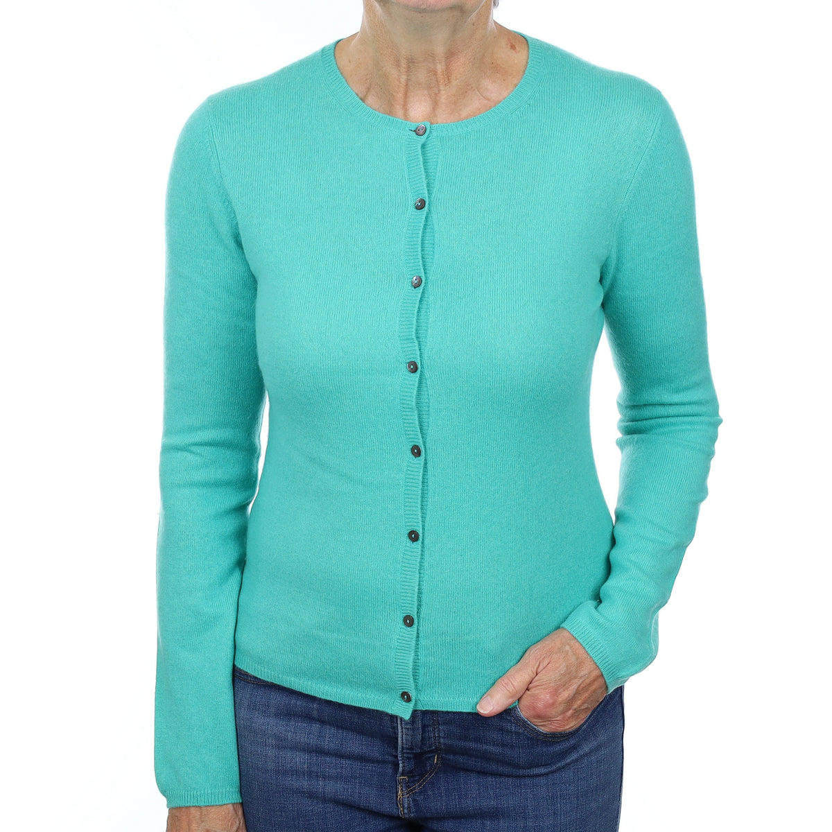 Aqua Green Cashmere Crew Neck Cardigan Medium