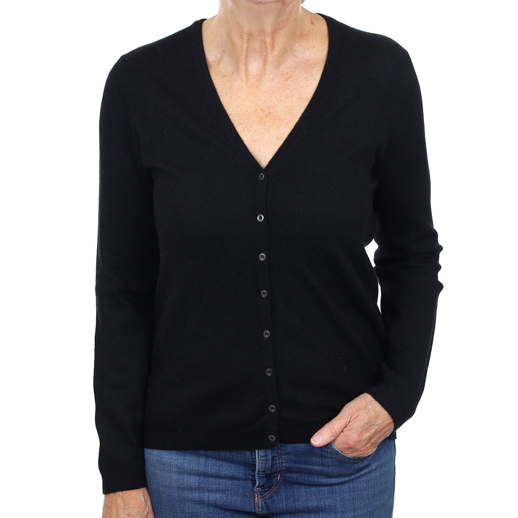 Black Cashmere V Neck Cardigan Medium