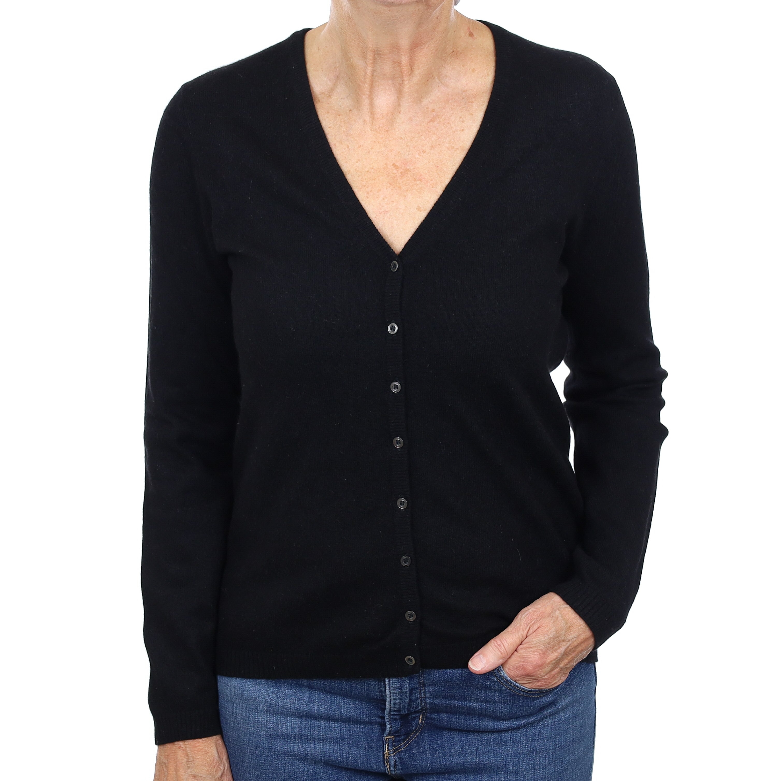 Black Cashmere V Neck Cardigan Medium
