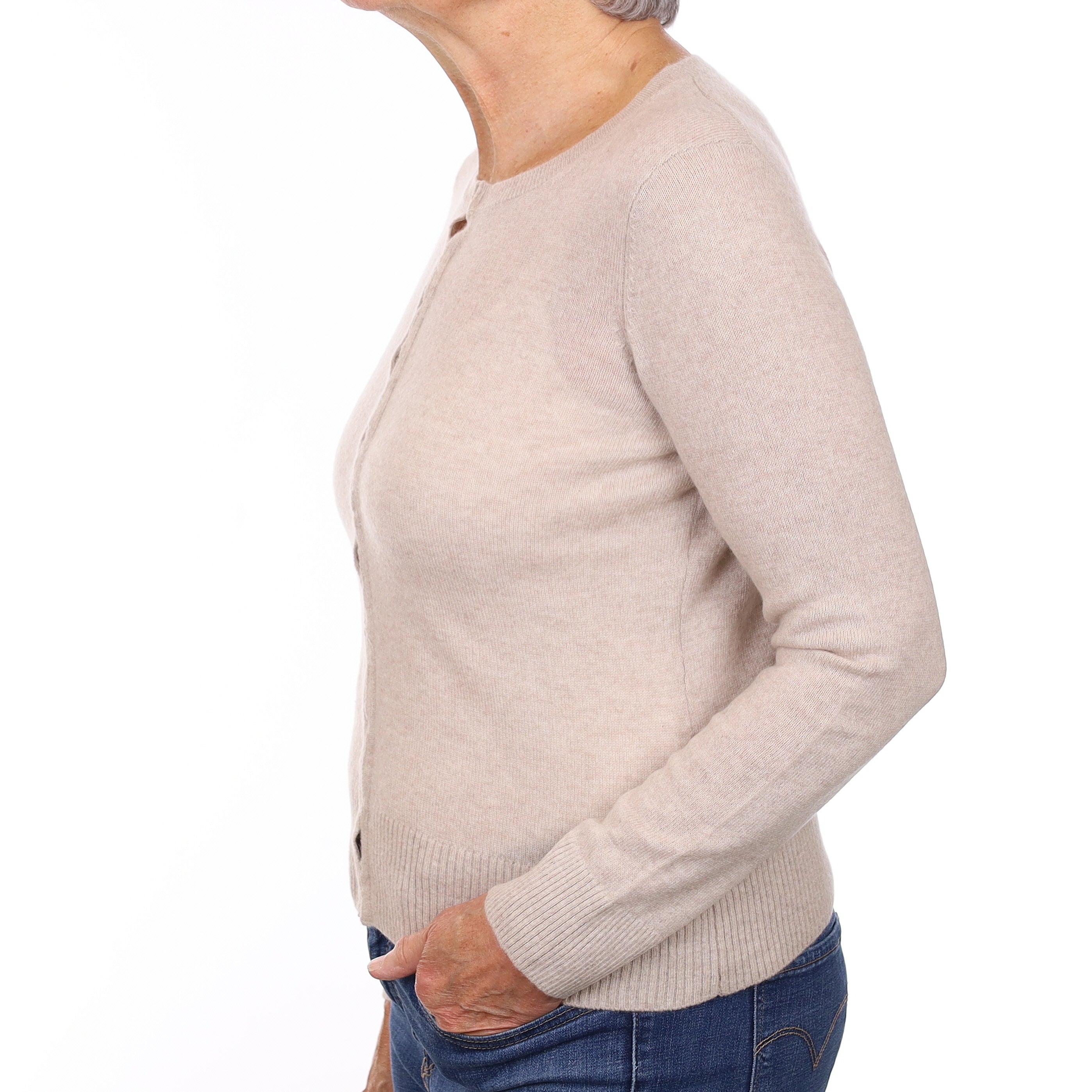 Oatmeal Beige Cashmere Crew Neck Cardigan Medium