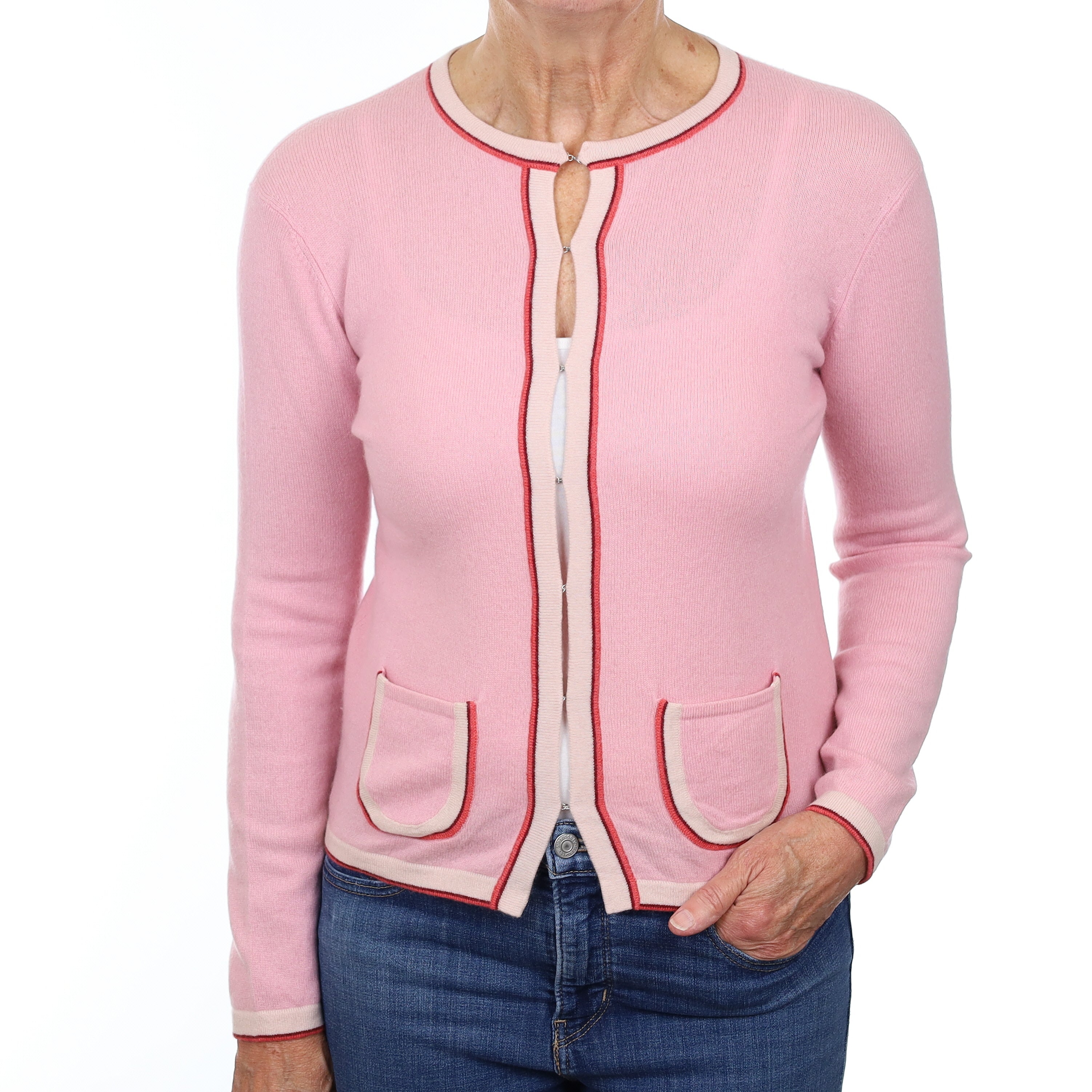 Carnation Pink Cashmere Crew Neck Cardigan Medium