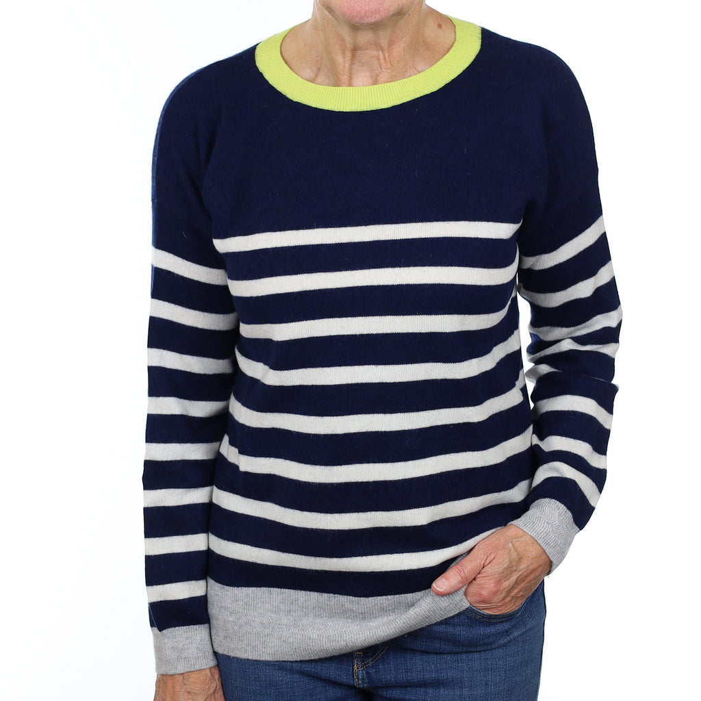 Navy Striped Star Detail Cashmere Crew Neck Jumper Medium