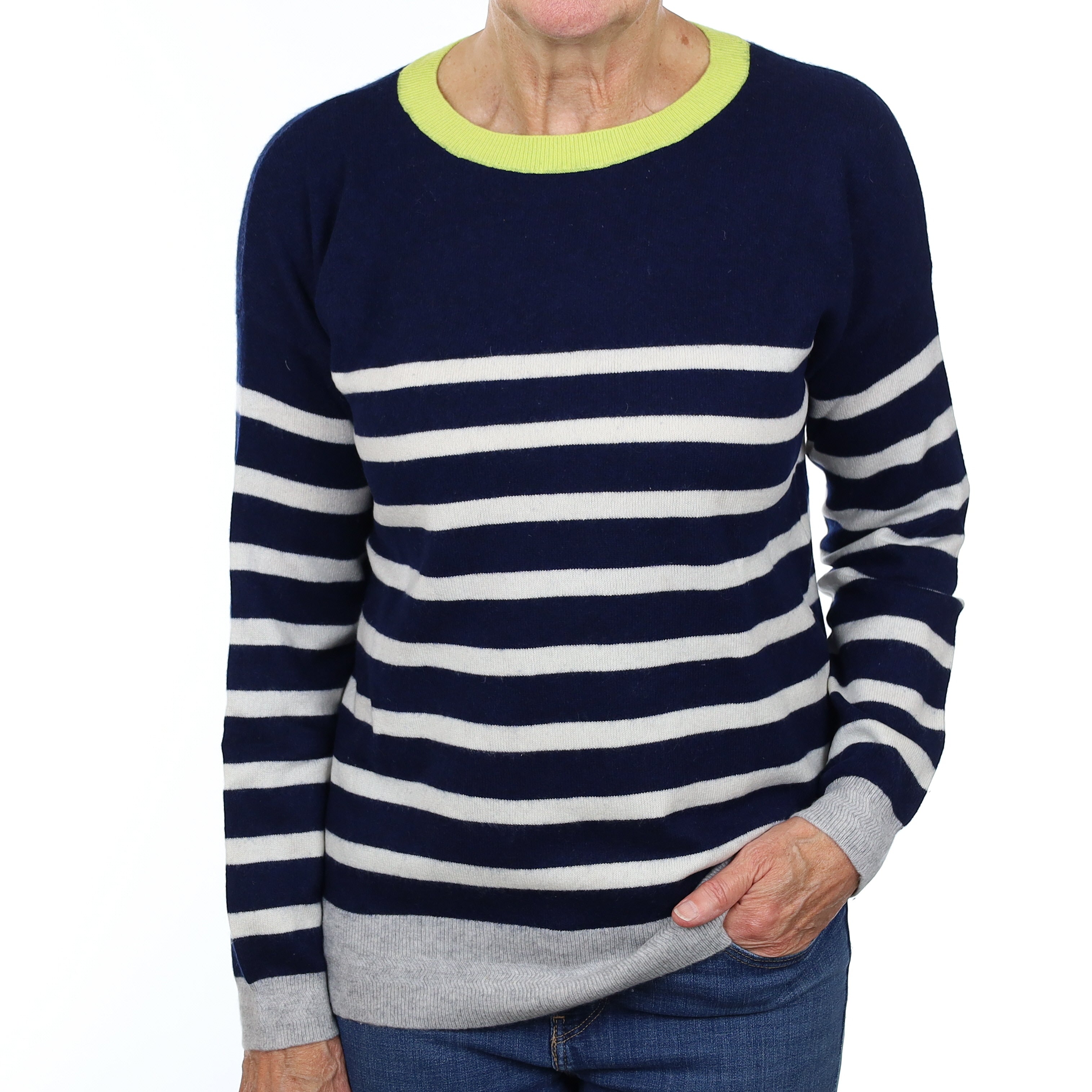 Navy Striped Star Detail Cashmere Crew Neck Jumper Medium