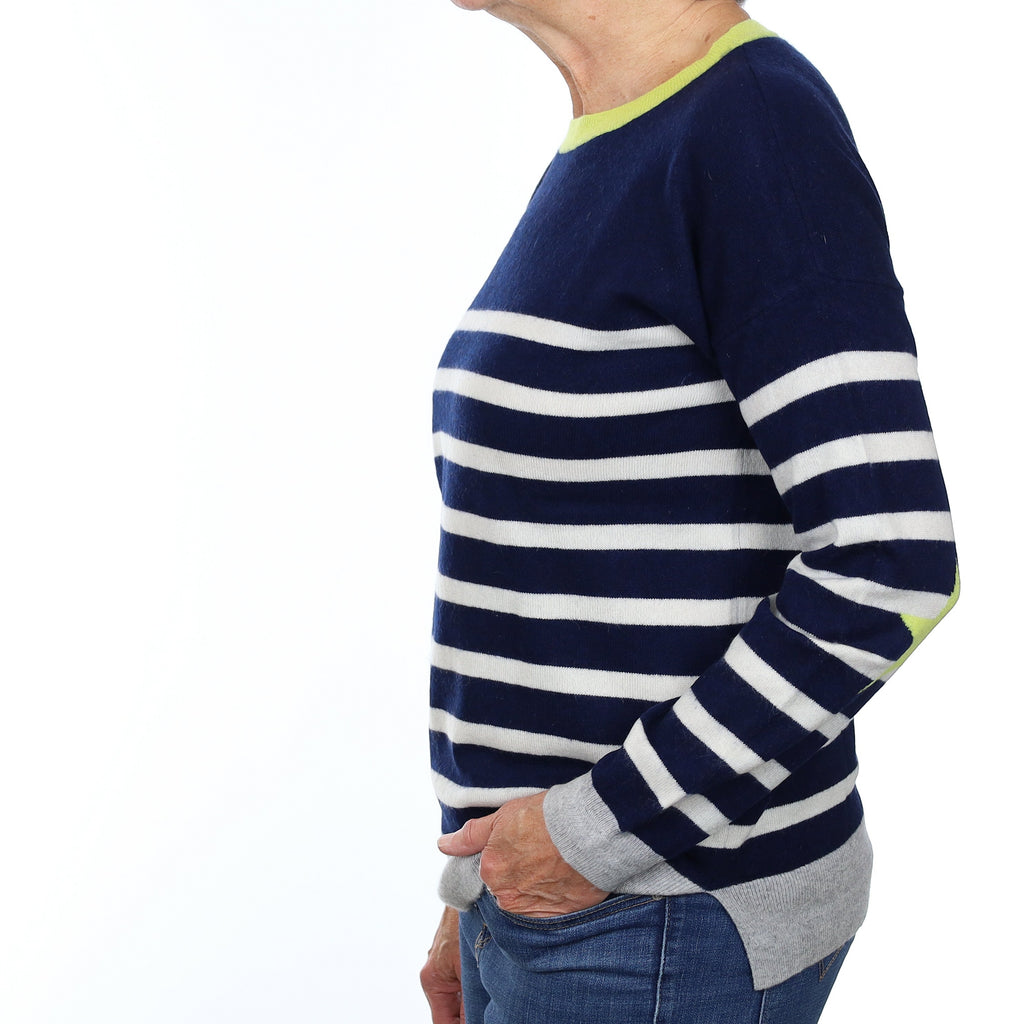 Navy Striped Star Detail Cashmere Crew Neck Jumper Medium