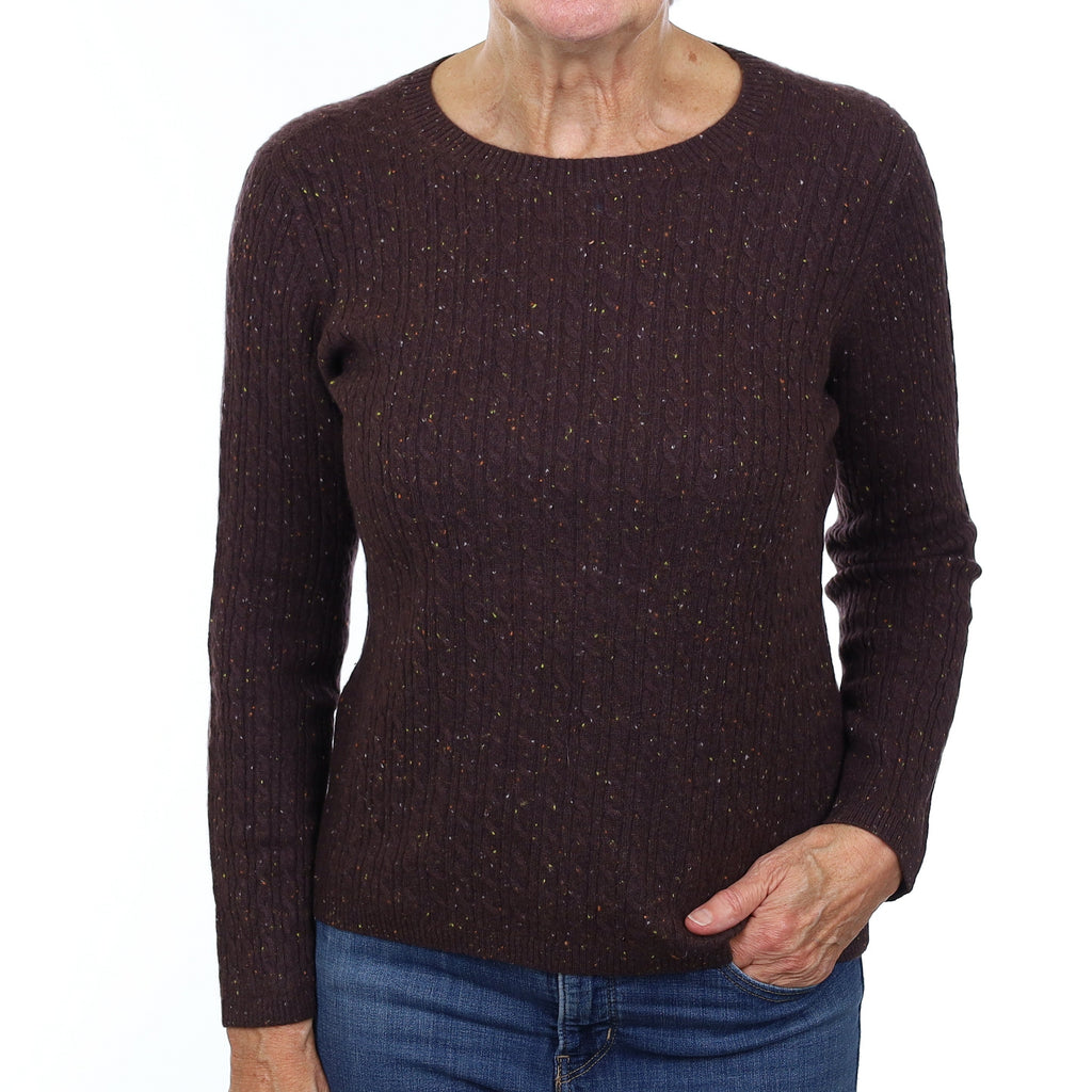 Brown Flecked Cable Cashmere Crew Neck Jumper Medium