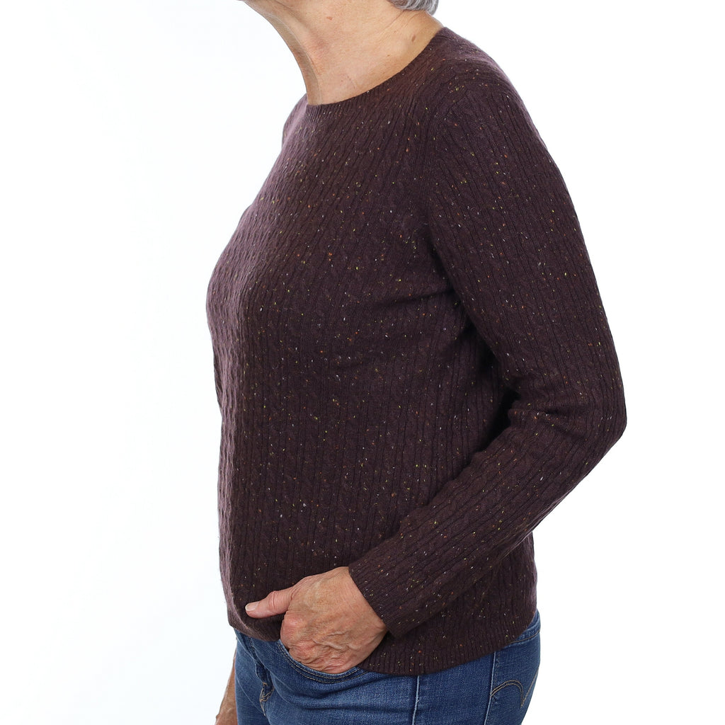 Brown Flecked Cable Cashmere Crew Neck Jumper Medium