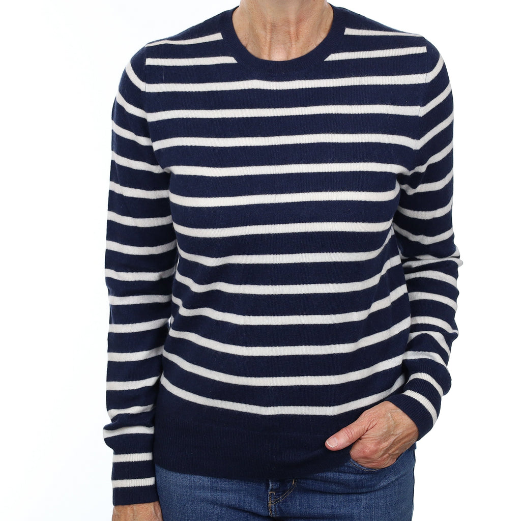 Navy and Ivory Striped Cashmere Crew Neck Jumper Medium