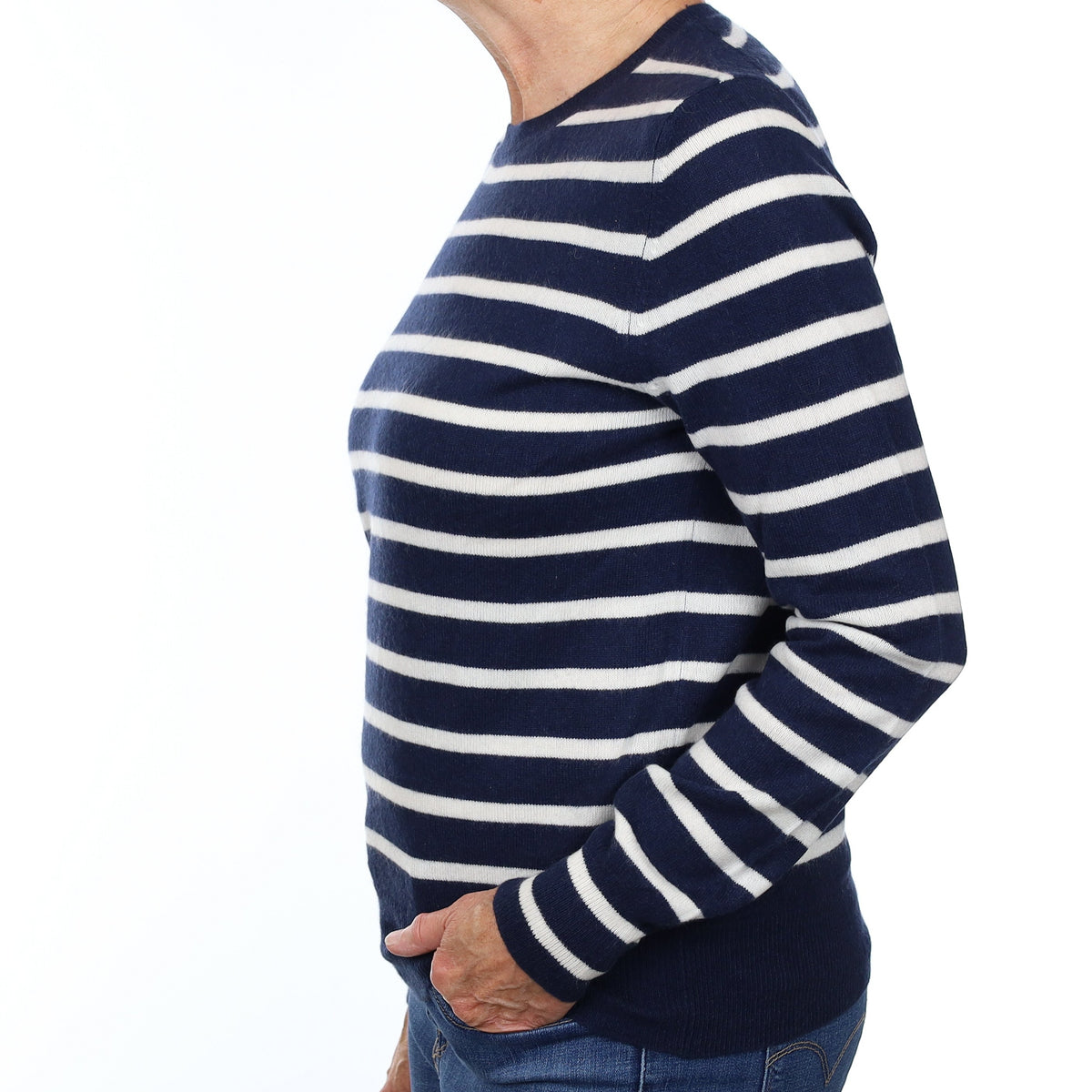 Navy and Ivory Striped Cashmere Crew Neck Jumper Medium