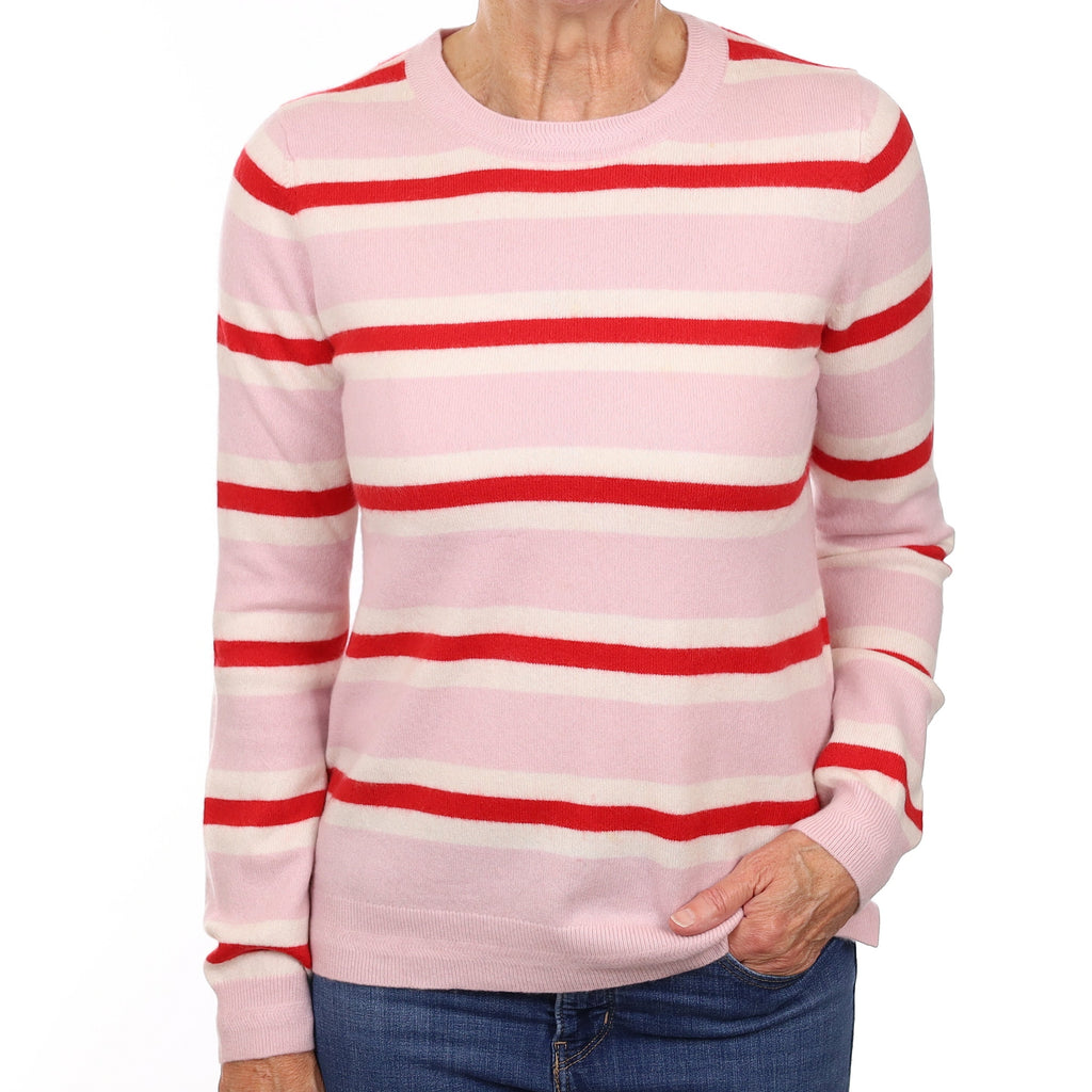 Mauve and Red Striped Cashmere Crew Neck Jumper Medium