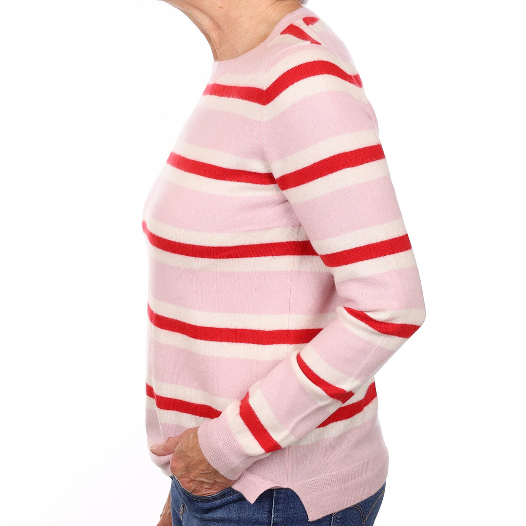 Mauve and Red Striped Cashmere Crew Neck Jumper Medium