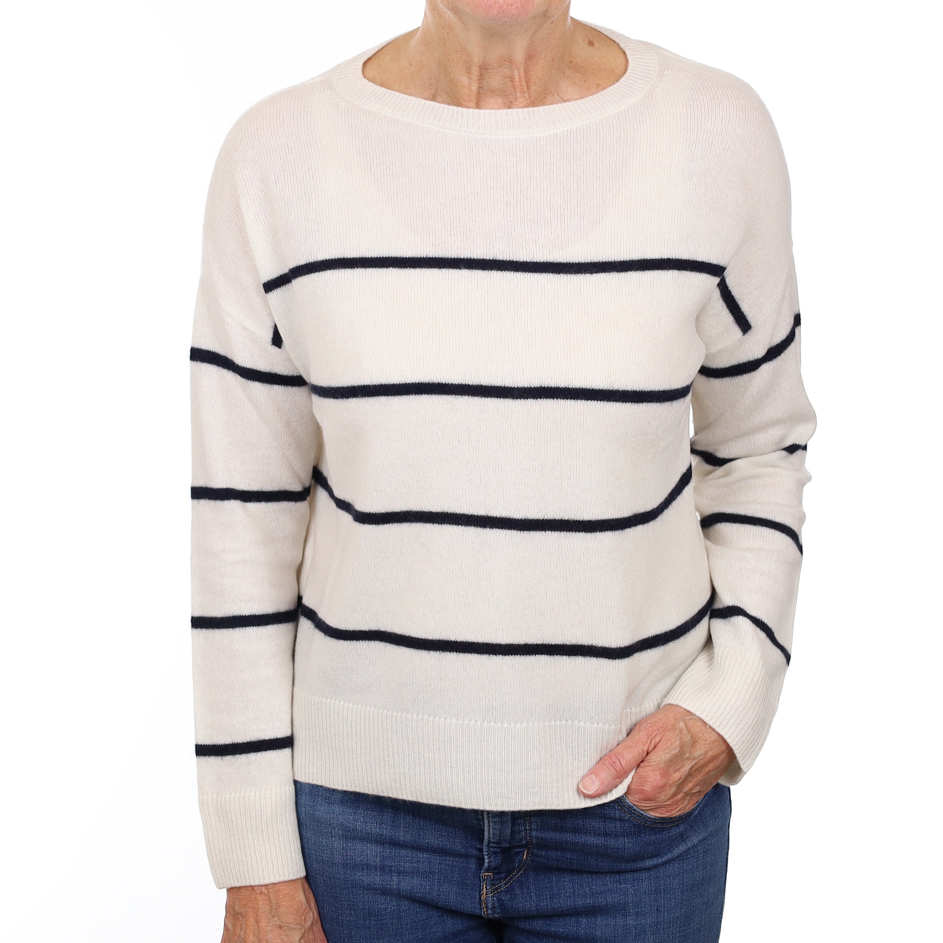 The White Company Ivory and Navy Striped Cashmere Crew Neck Jumper Medium