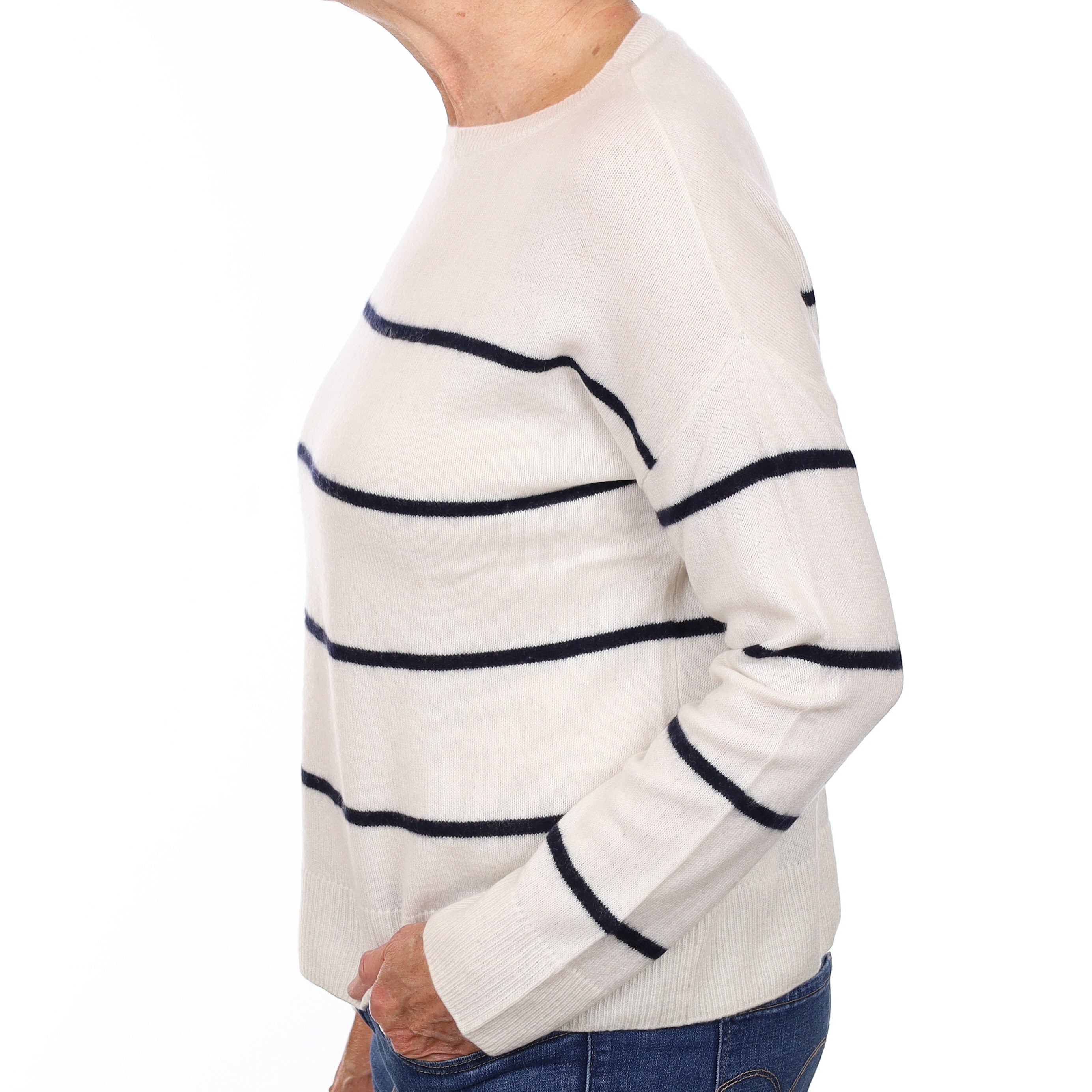 The White Company Ivory and Navy Striped Cashmere Crew Neck Jumper Medium