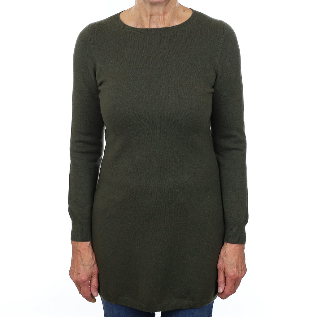 Khaki Green Cashmere Longline Crew Neck Tunic Jumper Medium