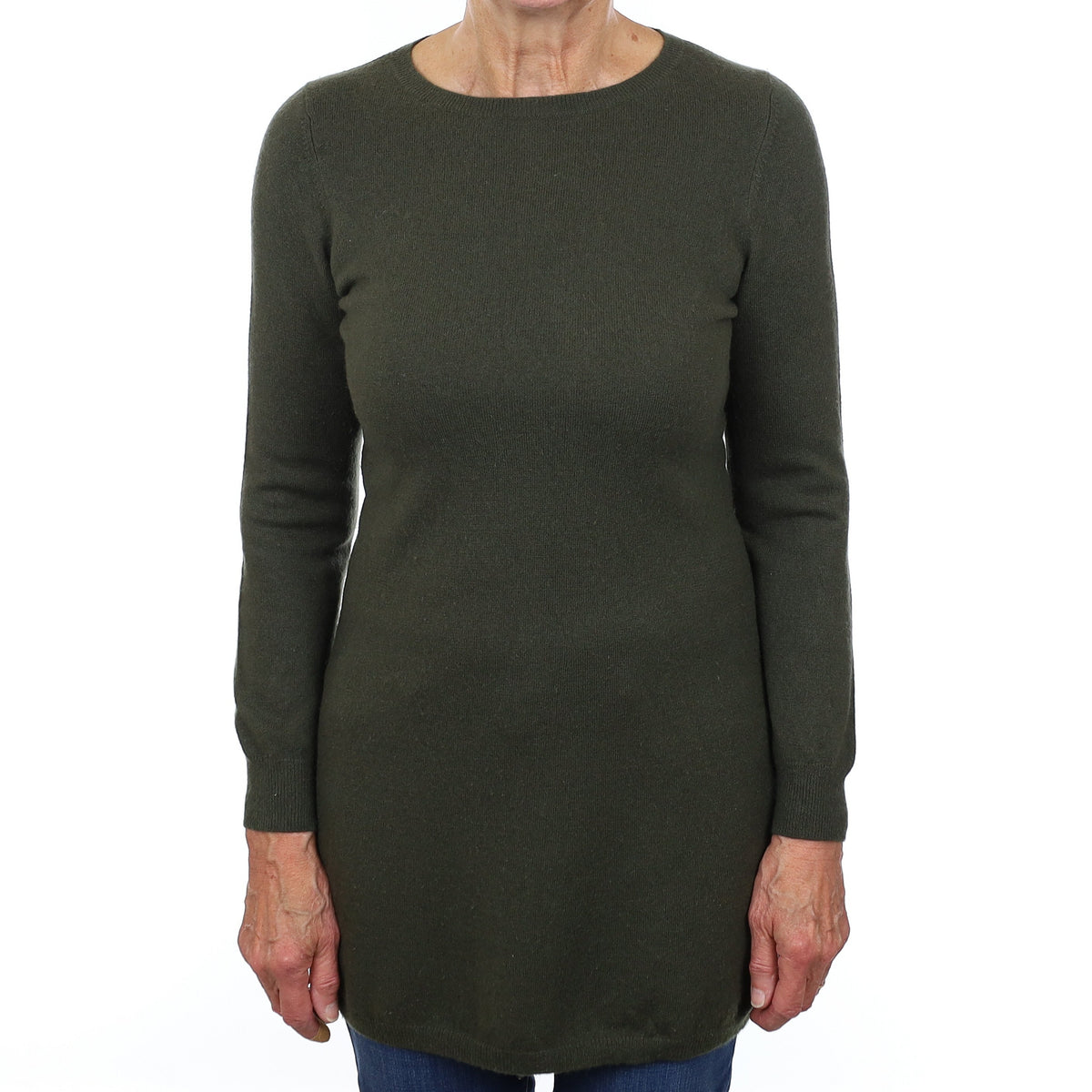 Khaki Green Cashmere Longline Crew Neck Tunic Jumper Medium
