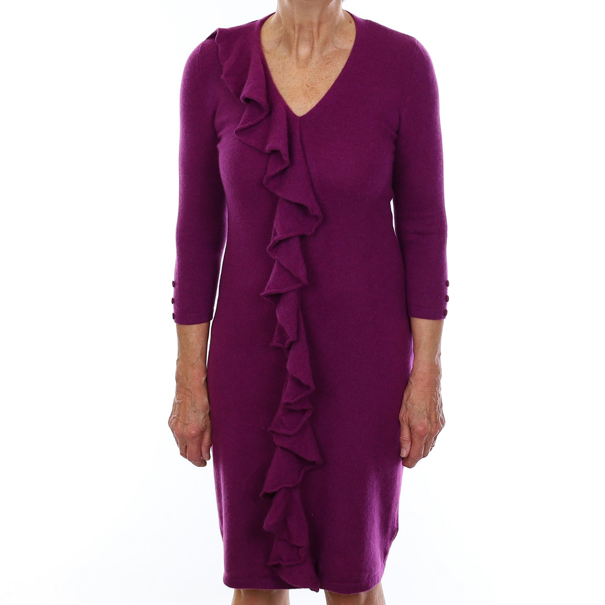 Plum Purple Cashmere Ruffle Trimmed V Neck Dress Medium