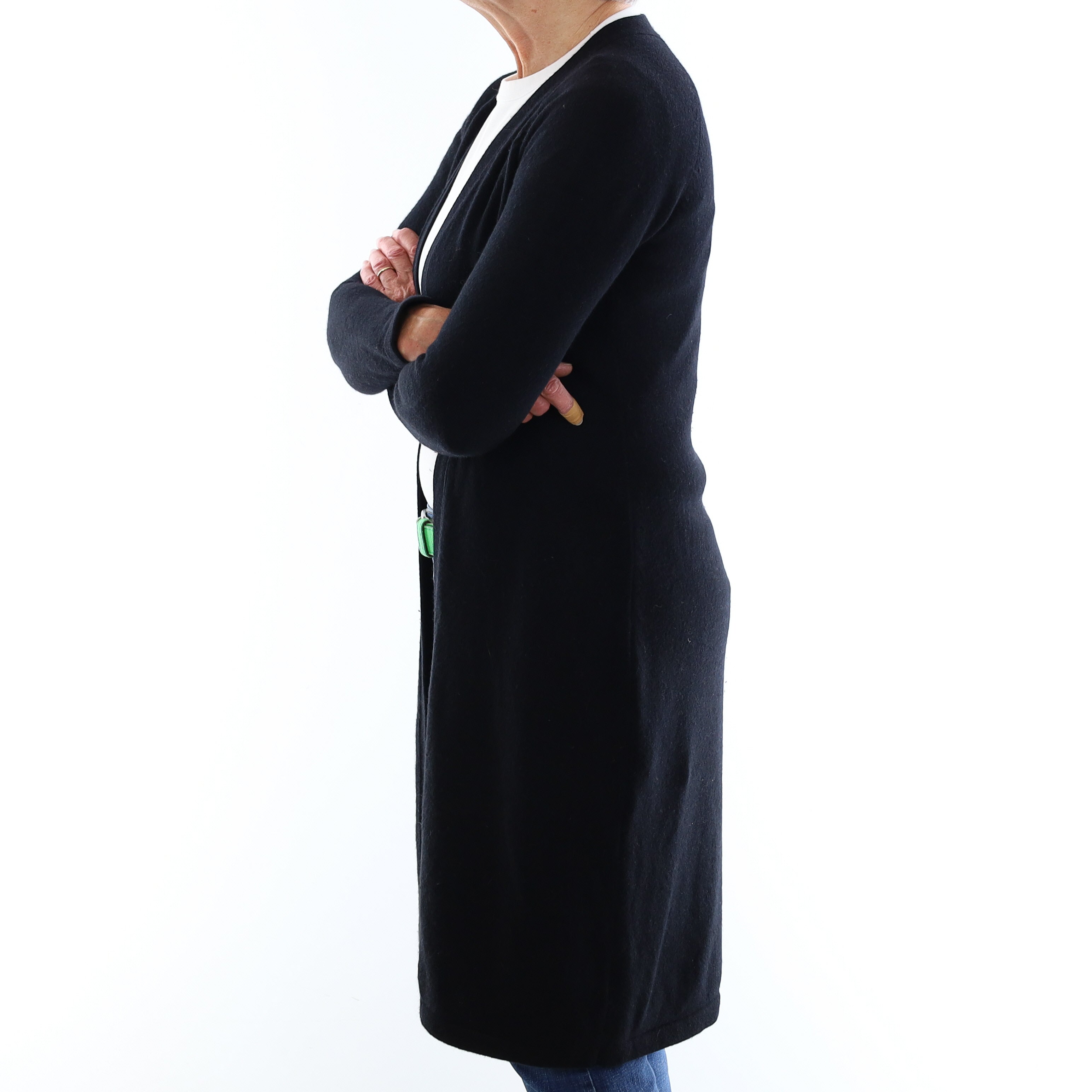 Black Heavy Knit Cashmere Longline Edge to Edge Cardigan Medium