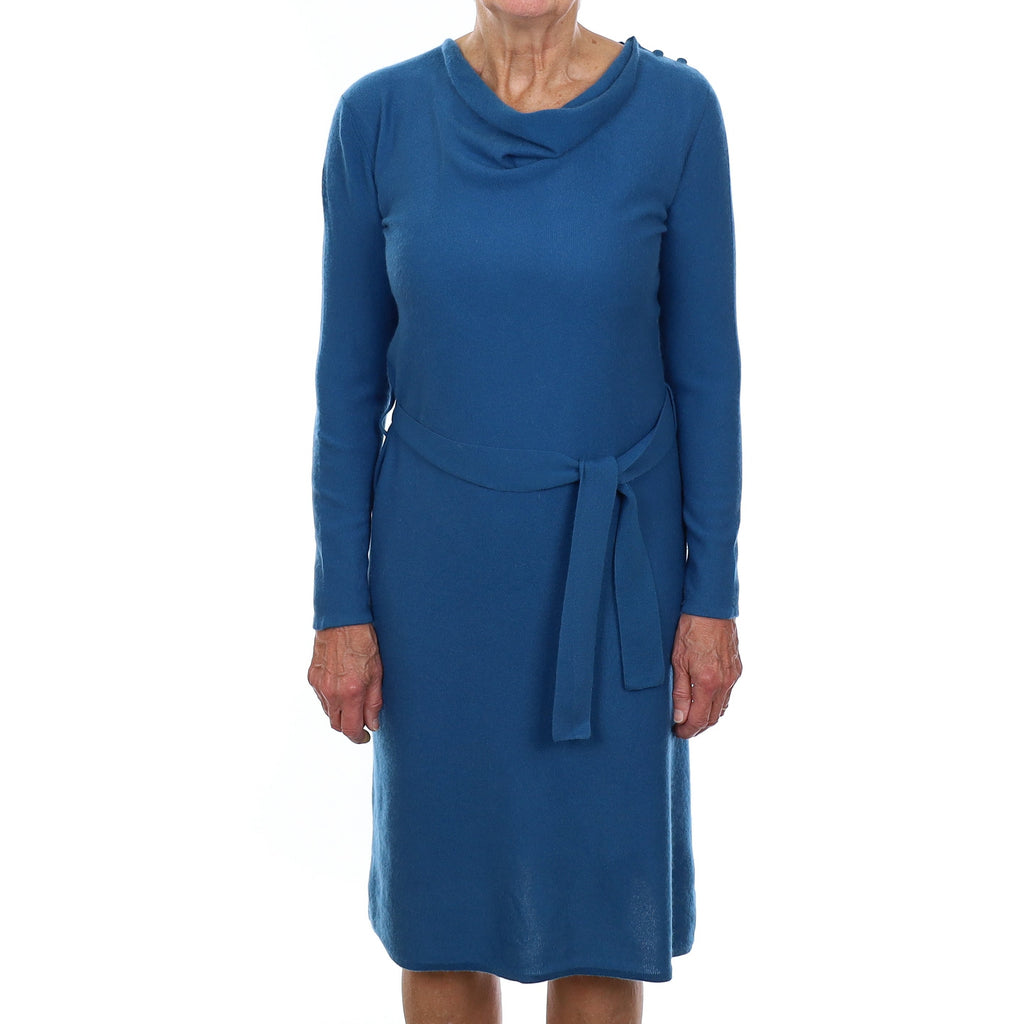 Teal Blue Cashmere Drape Neck A-Line Dress Medium