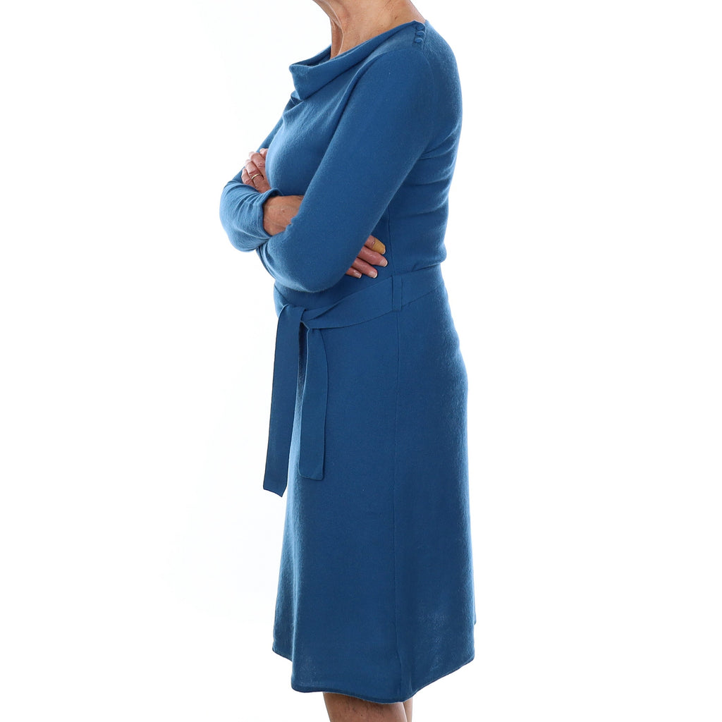 Teal Blue Cashmere Drape Neck A-Line Dress Medium