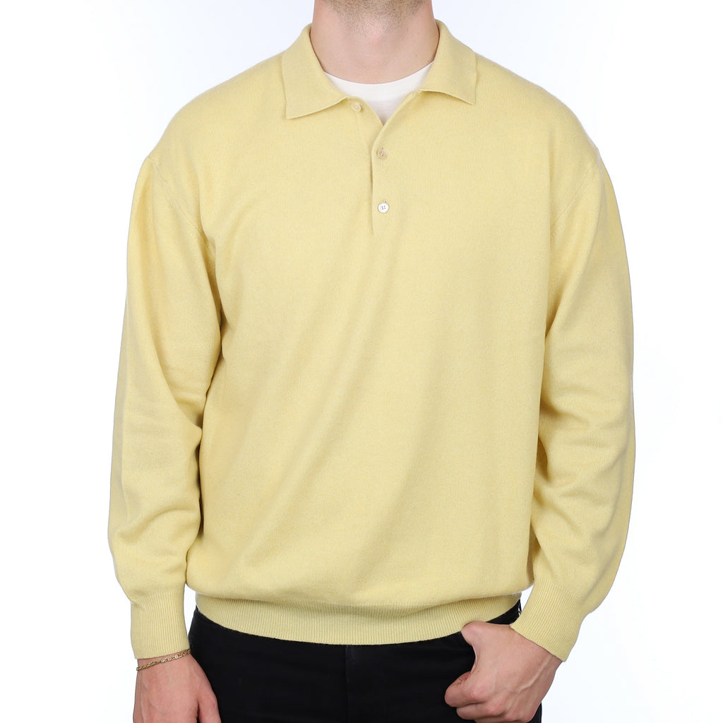 Men's Italian Custard Yellow Cashmere Collared 1/4 Button Jumper XXXL