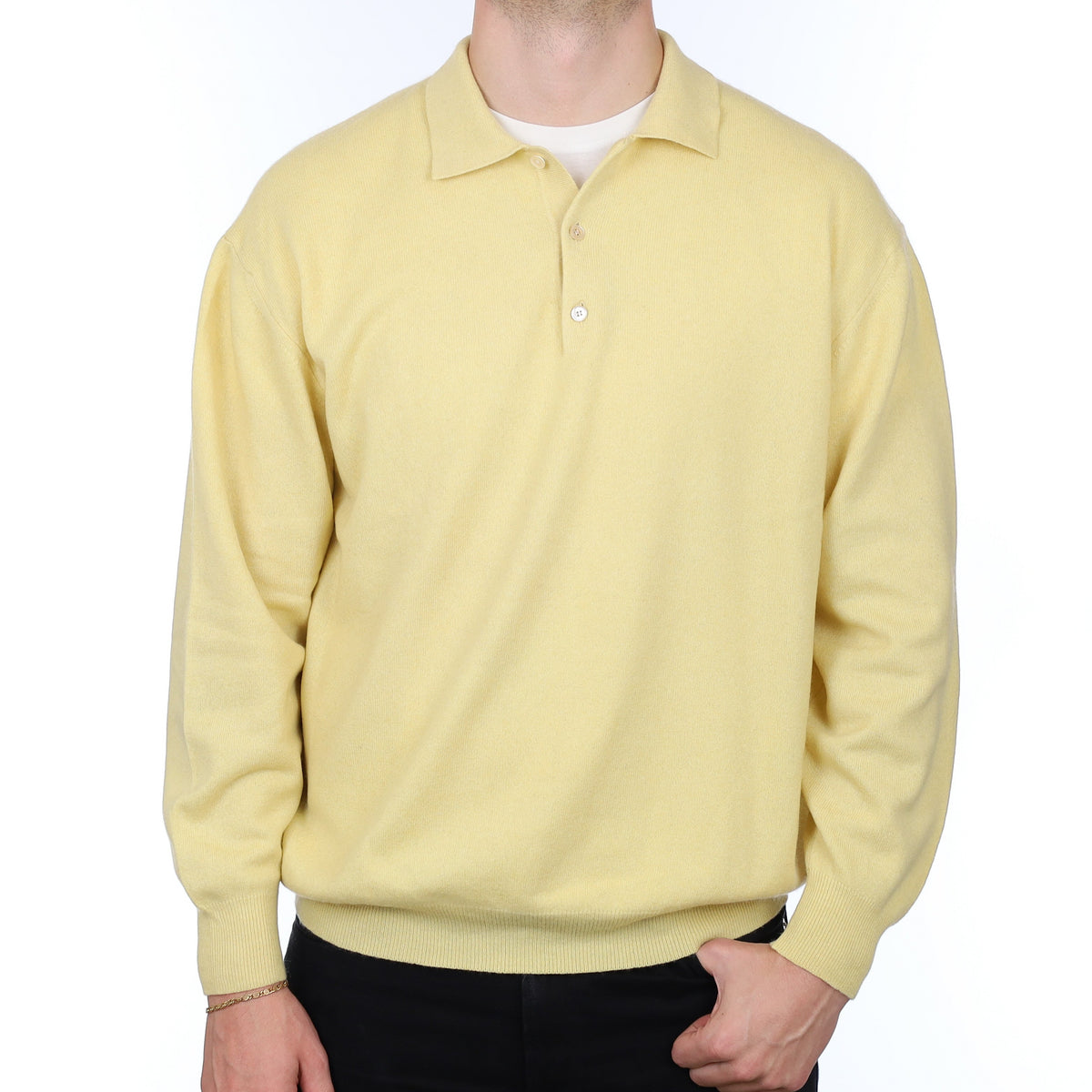 Men's Italian Custard Yellow Cashmere Collared 1/4 Button Jumper XXXL
