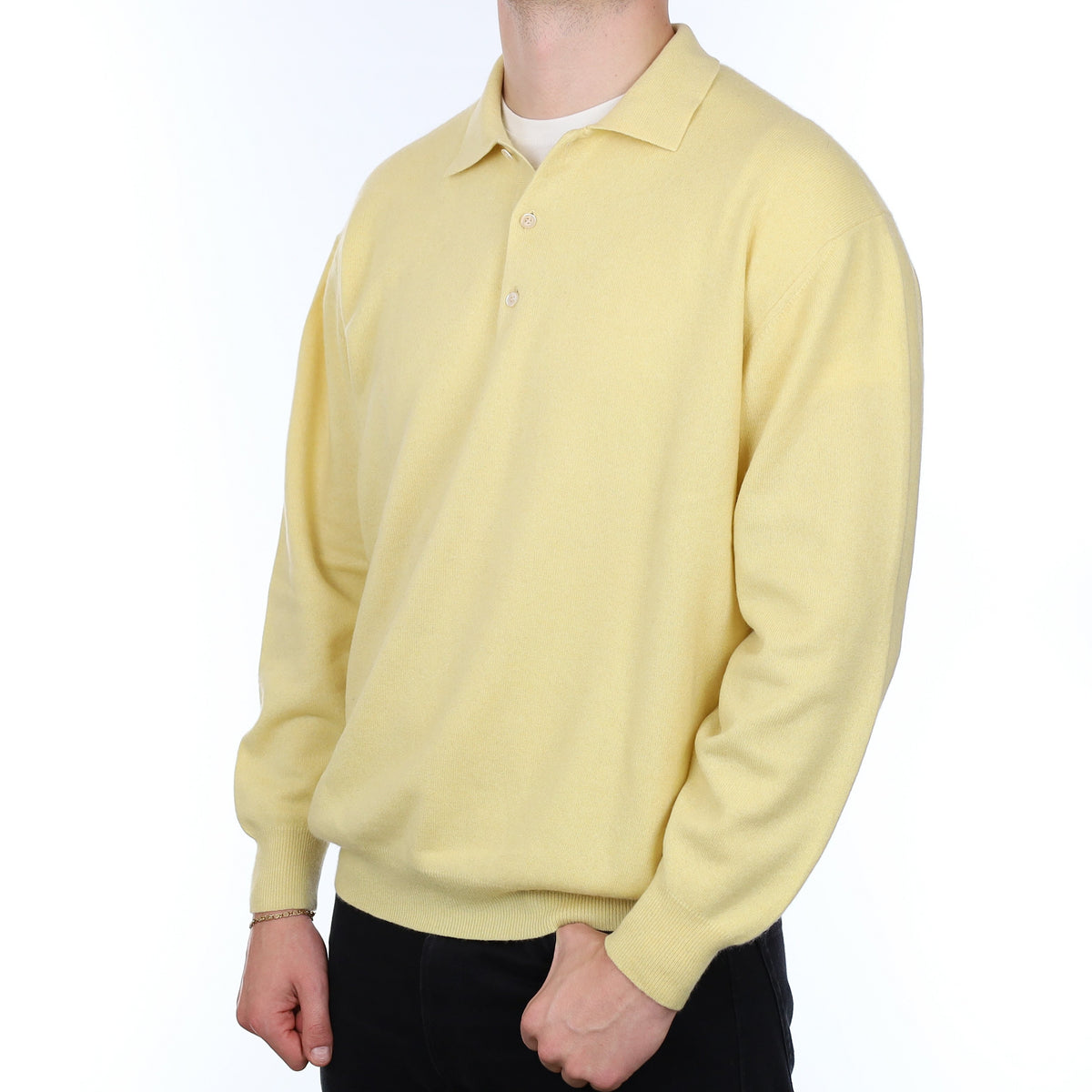 Men's Italian Custard Yellow Cashmere Collared 1/4 Button Jumper XXXL