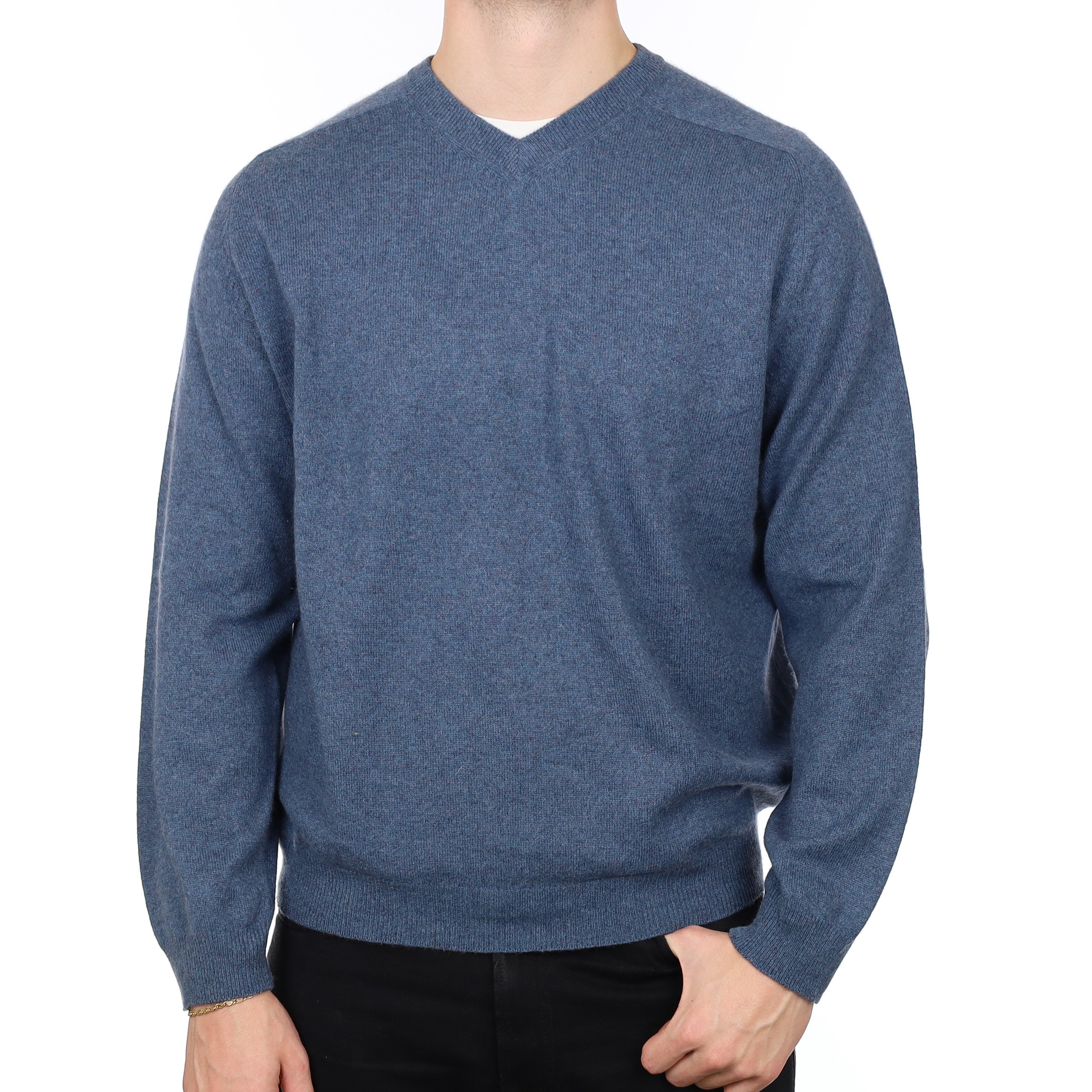 Men's Denim Blue Marl Cashmere V Neck Jumper XXL