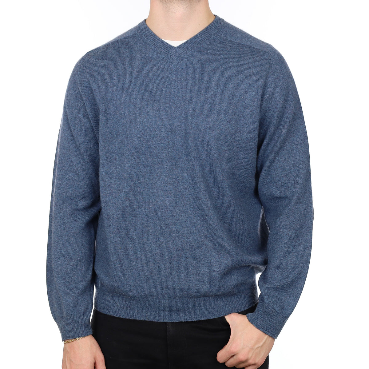 Men's Denim Blue Marl Cashmere V Neck Jumper XXL