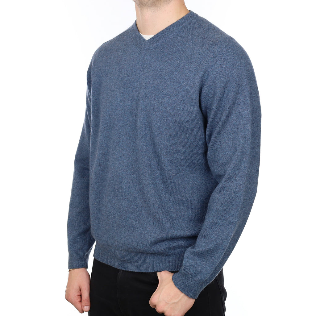 Men's Denim Blue Marl Cashmere V Neck Jumper XXL