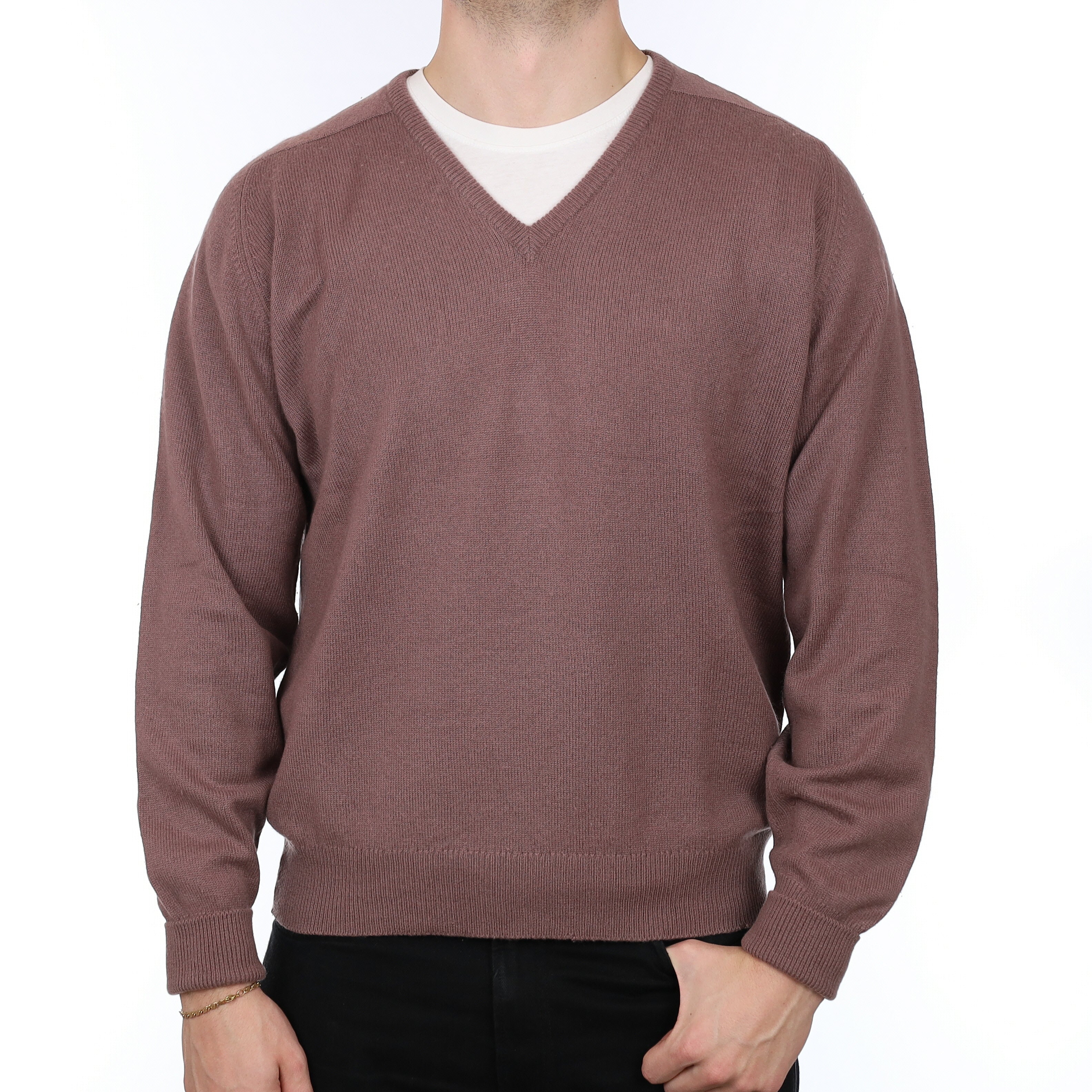 Men's Vintage Scottish Puce Purple Cashmere V Neck Jumper XXL