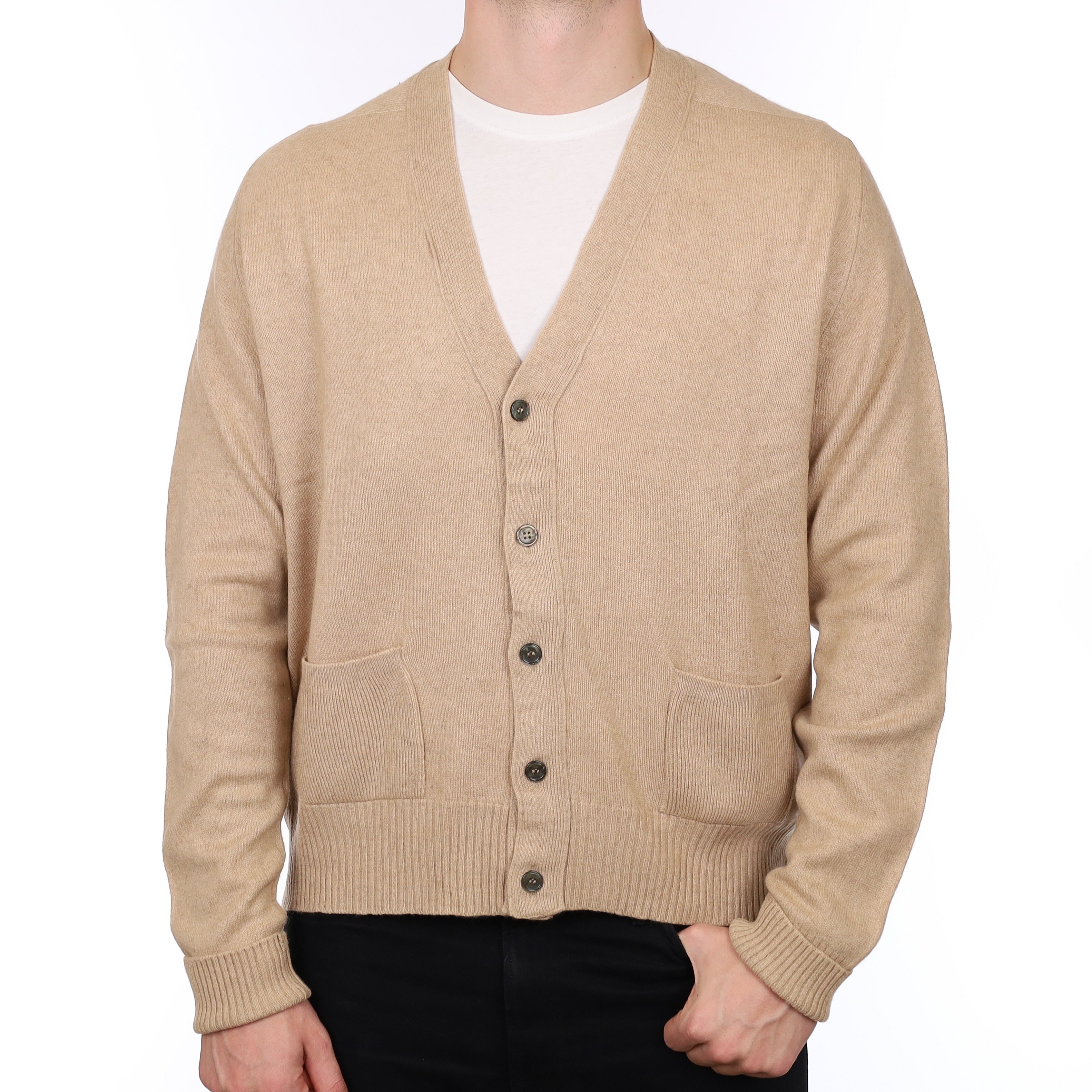Men's Vintage Scottish Beige Cashmere V Neck Cardigan XXL