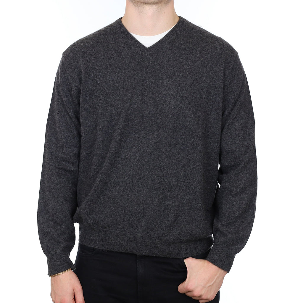 Men's Granite Grey Cashmere V Neck Jumper XL