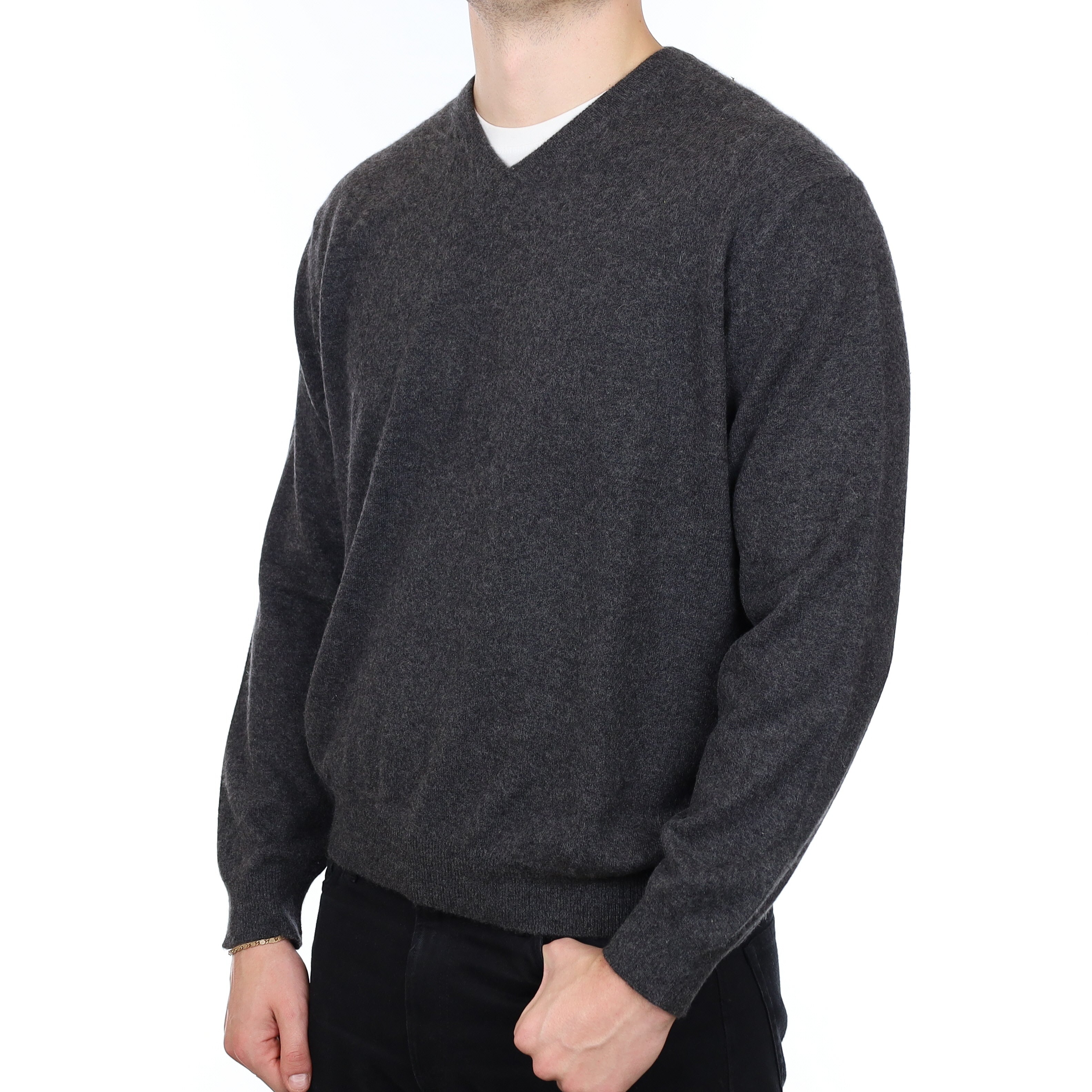 Men's Granite Grey Cashmere V Neck Jumper XL
