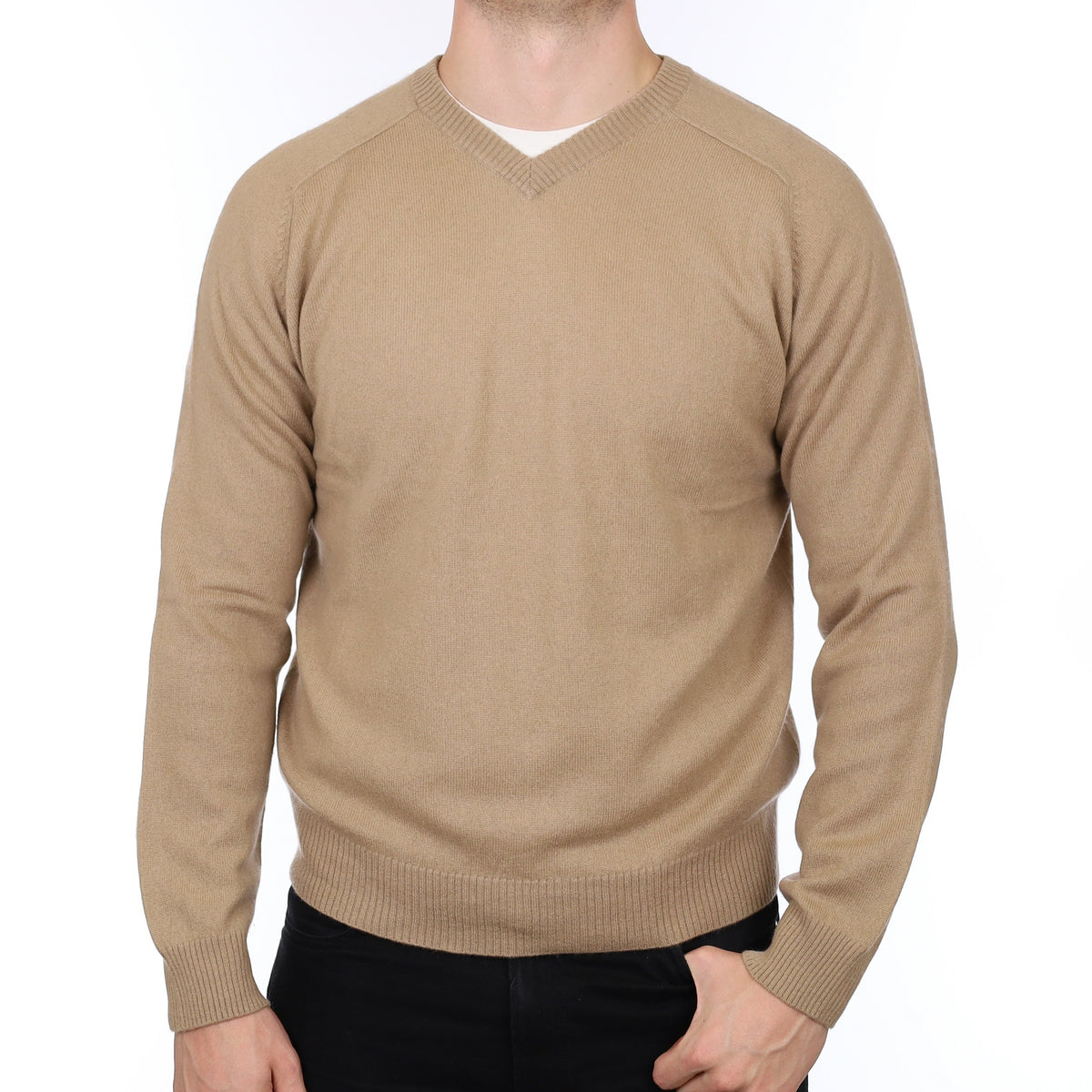 Men's Camel Brown Cashmere V Neck Jumper XL