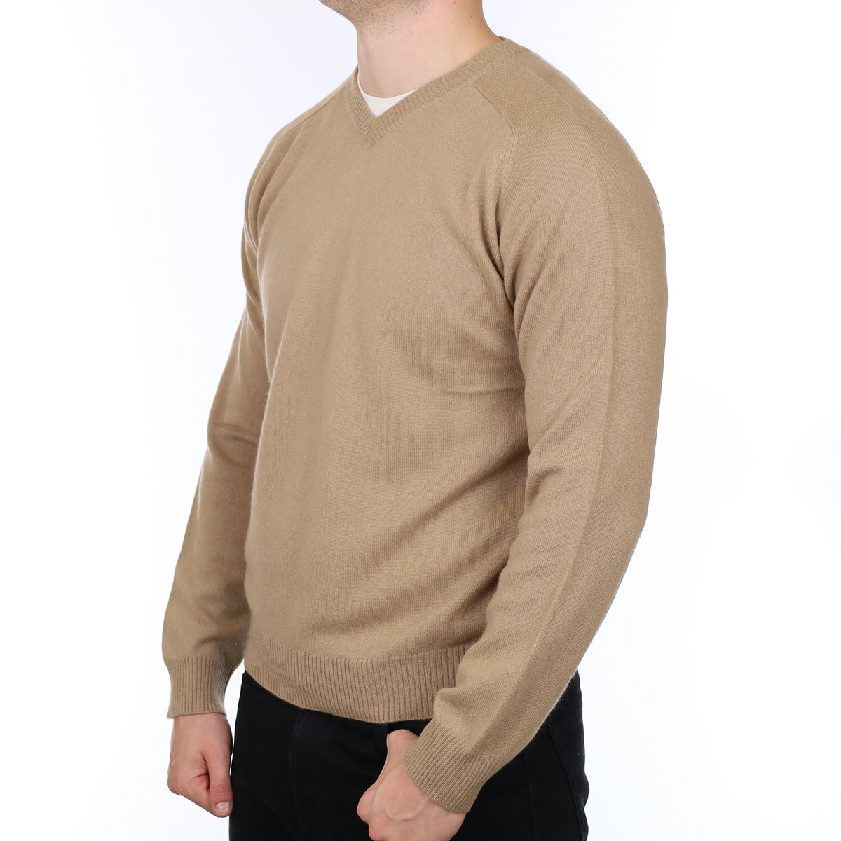 Men's Camel Brown Cashmere V Neck Jumper XL
