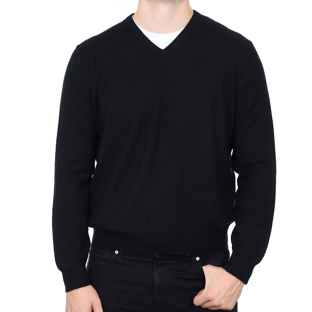 Men's Black Cashmere V Neck Jumper XL