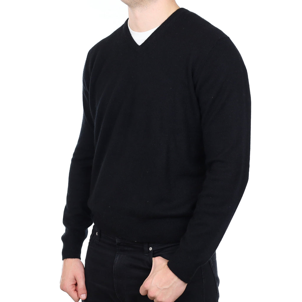Men's Black Cashmere V Neck Jumper XL