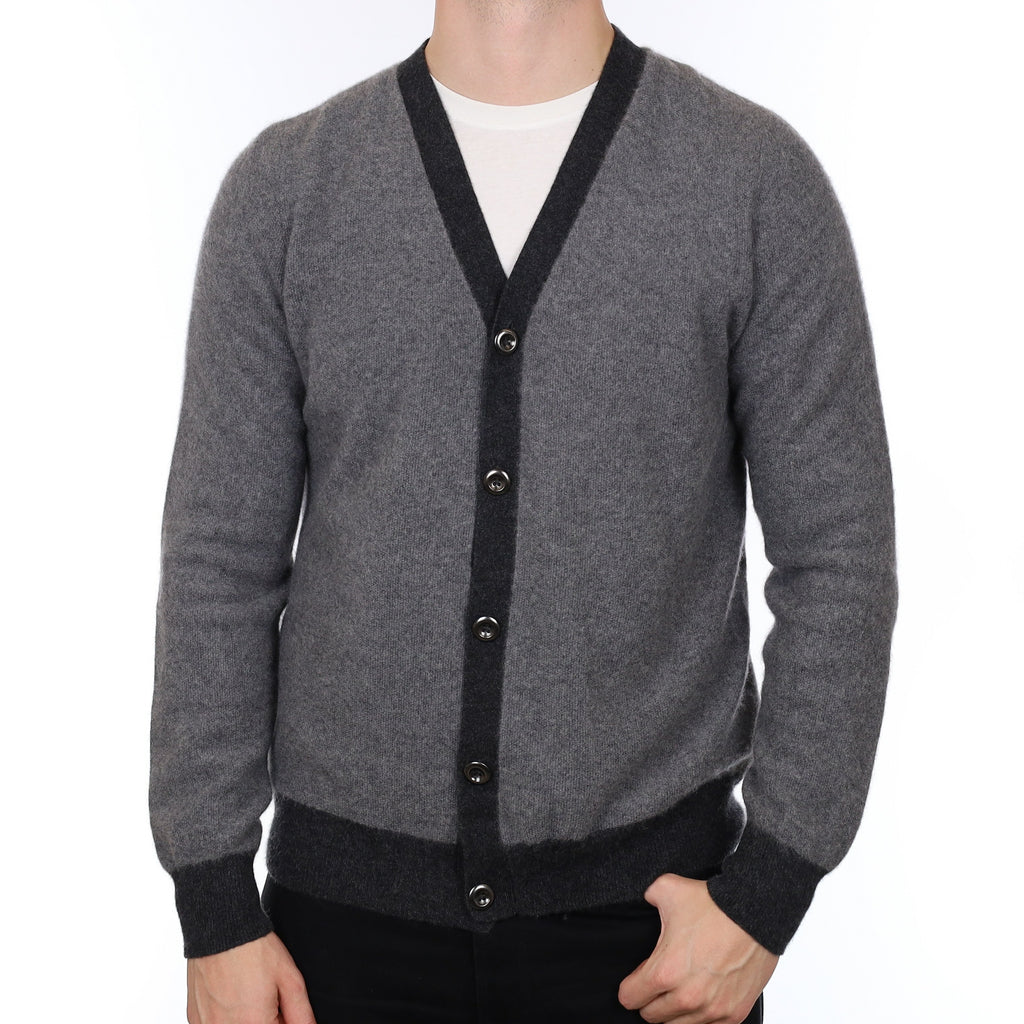Men's Two Tone Grey Cashmere V Neck Cardigan XL