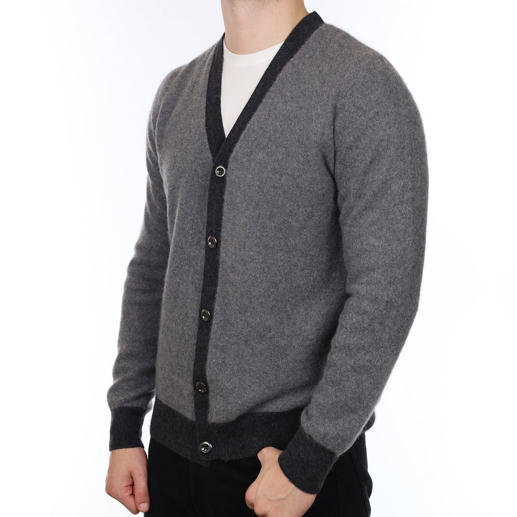 Men's Two Tone Grey Cashmere V Neck Cardigan XL