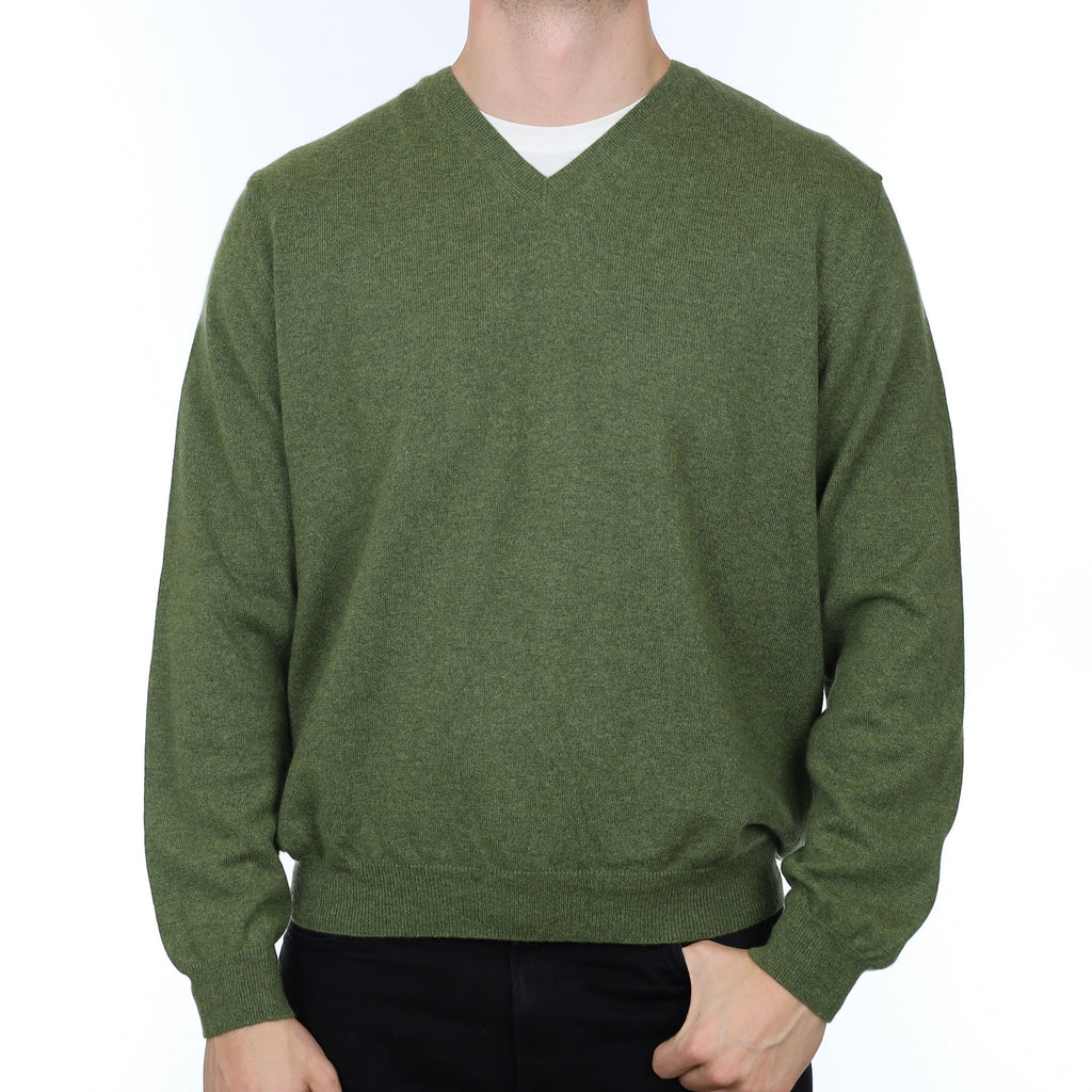 Men's Moss Green Cashmere V Neck Jumper XL
