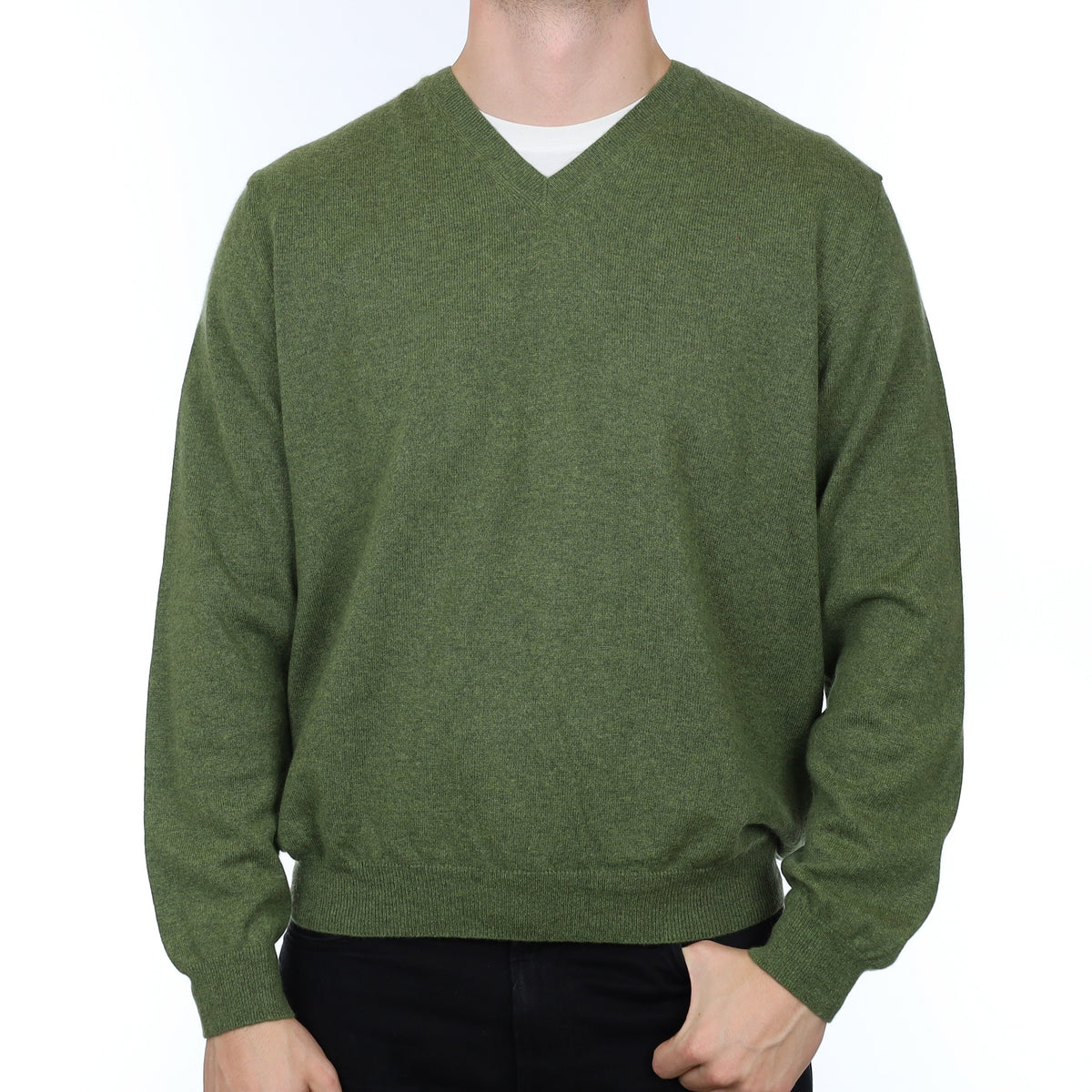 Men's Moss Green Cashmere V Neck Jumper XL