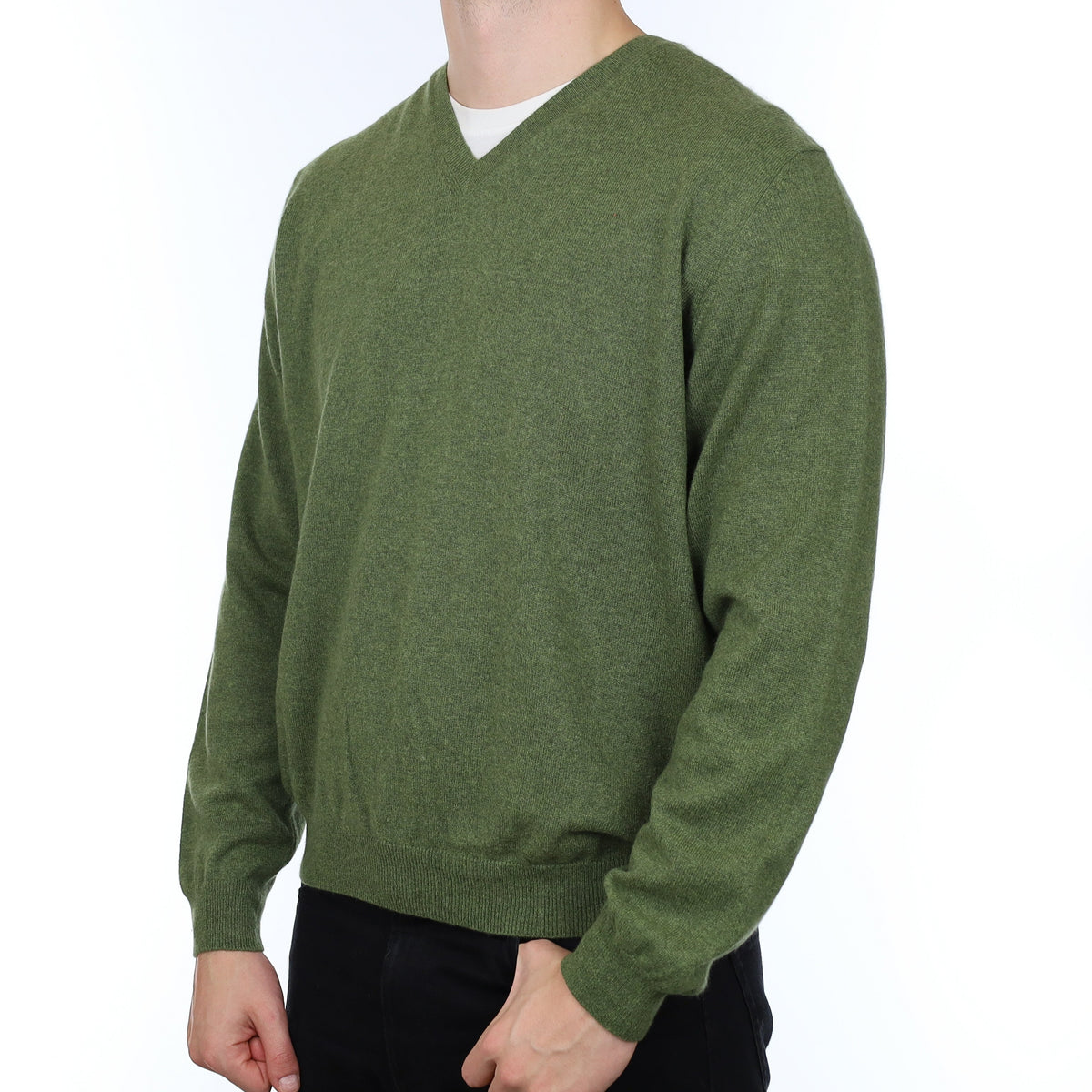 Men's Moss Green Cashmere V Neck Jumper XL