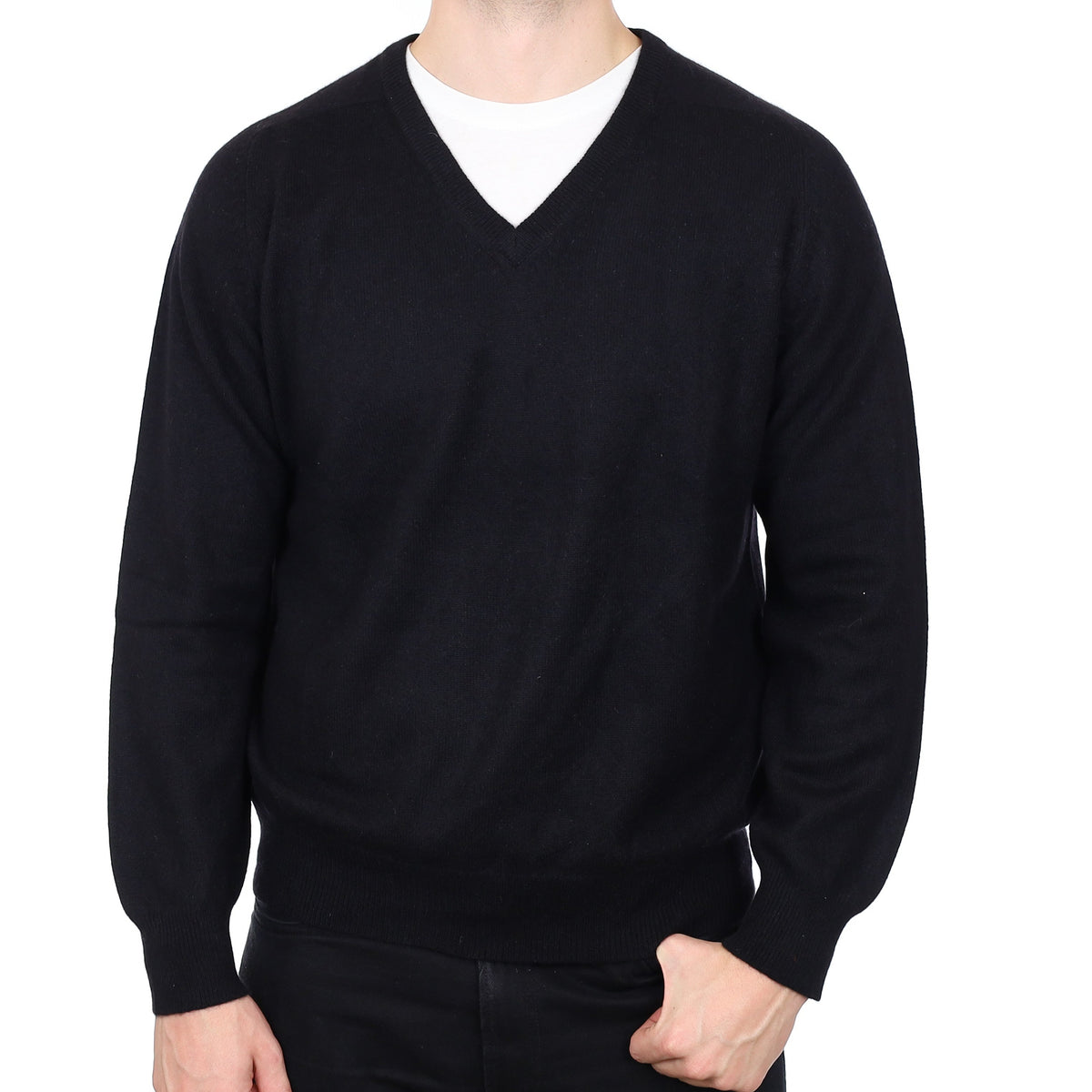 Men's Black Cashmere V Neck Jumper XL