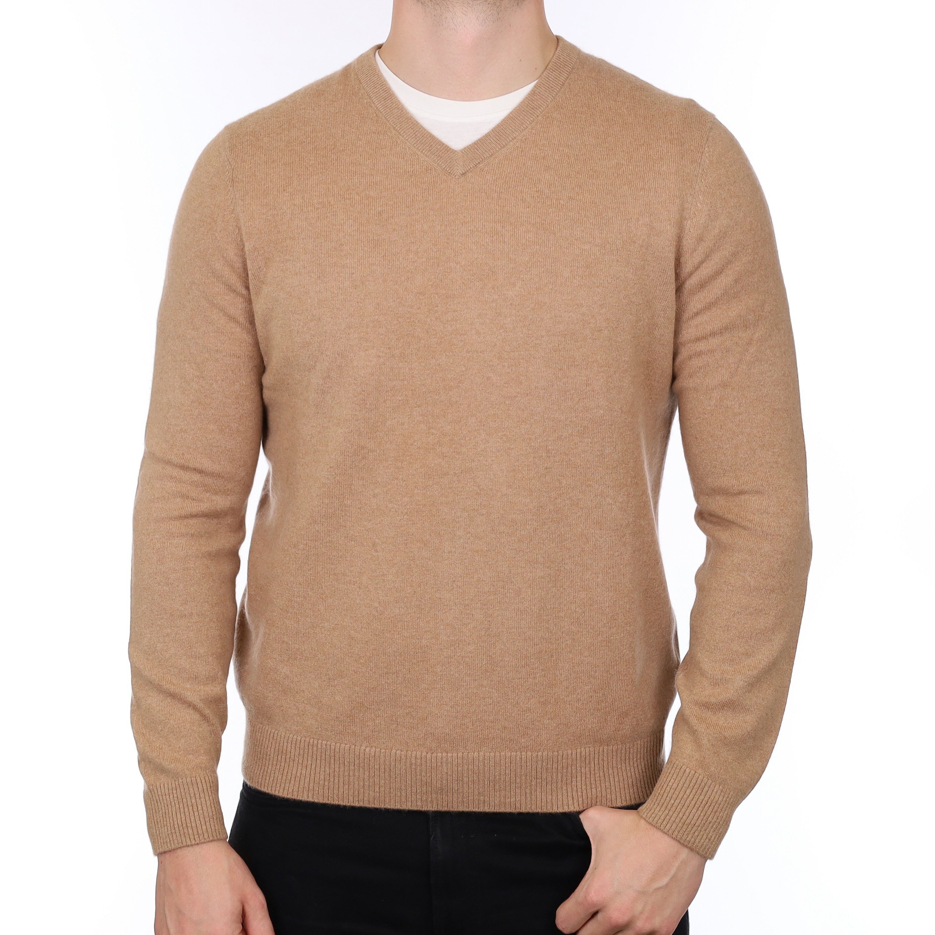 Men's Caramel Brown Cashmere V Neck Jumper XL