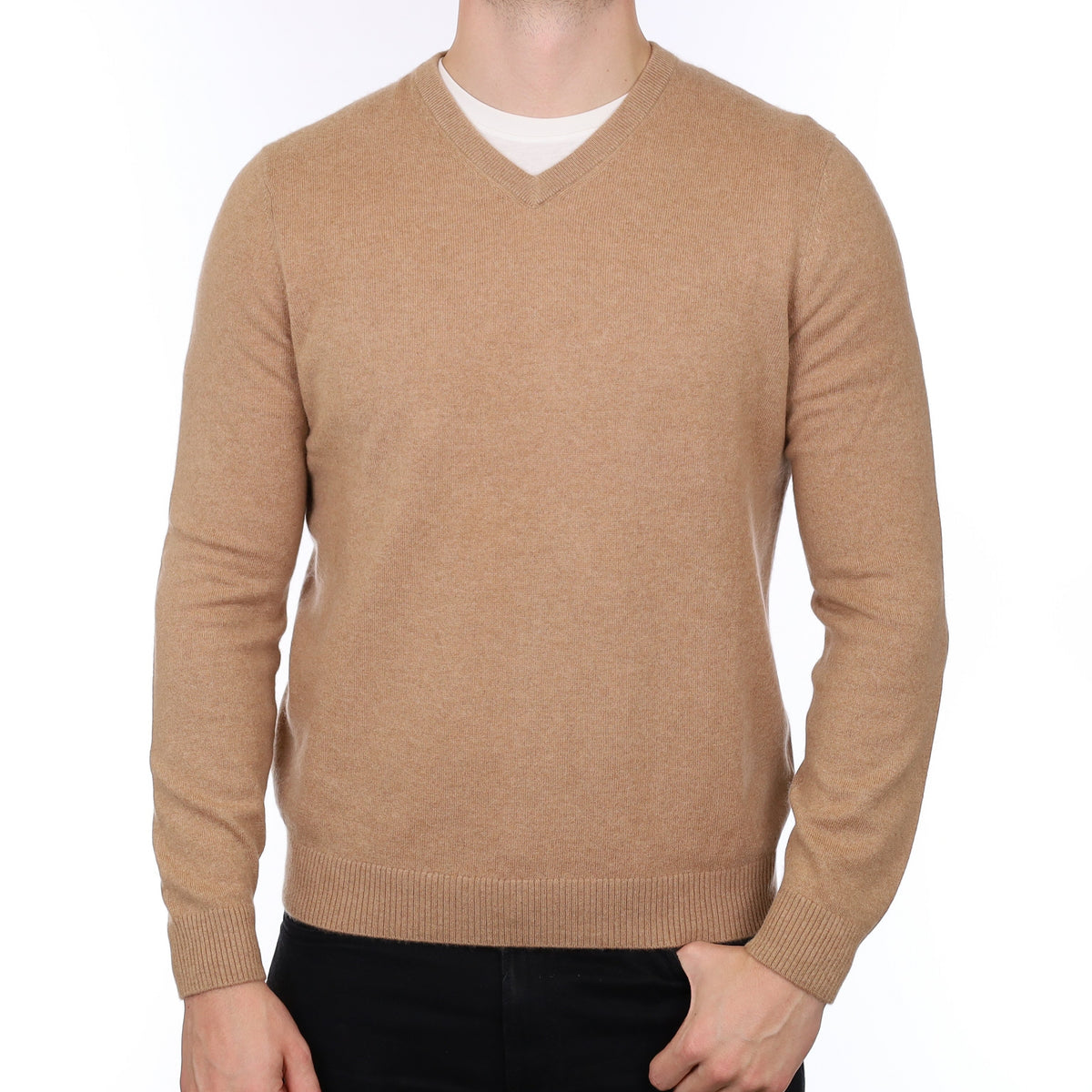 Men's Caramel Brown Cashmere V Neck Jumper XL