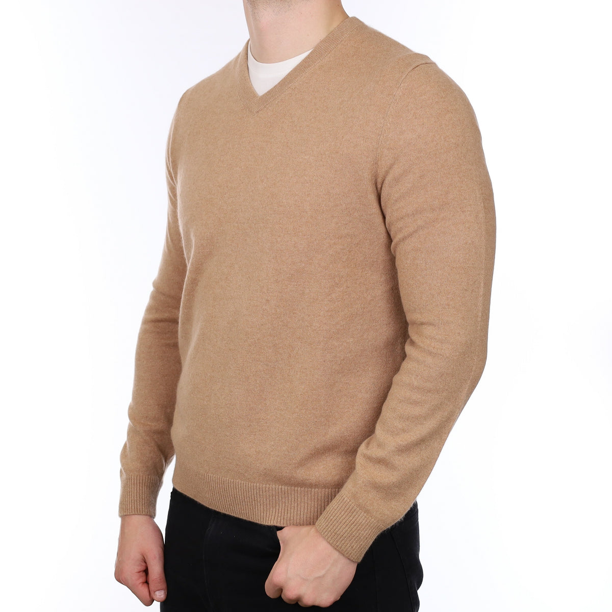 Men's Caramel Brown Cashmere V Neck Jumper XL
